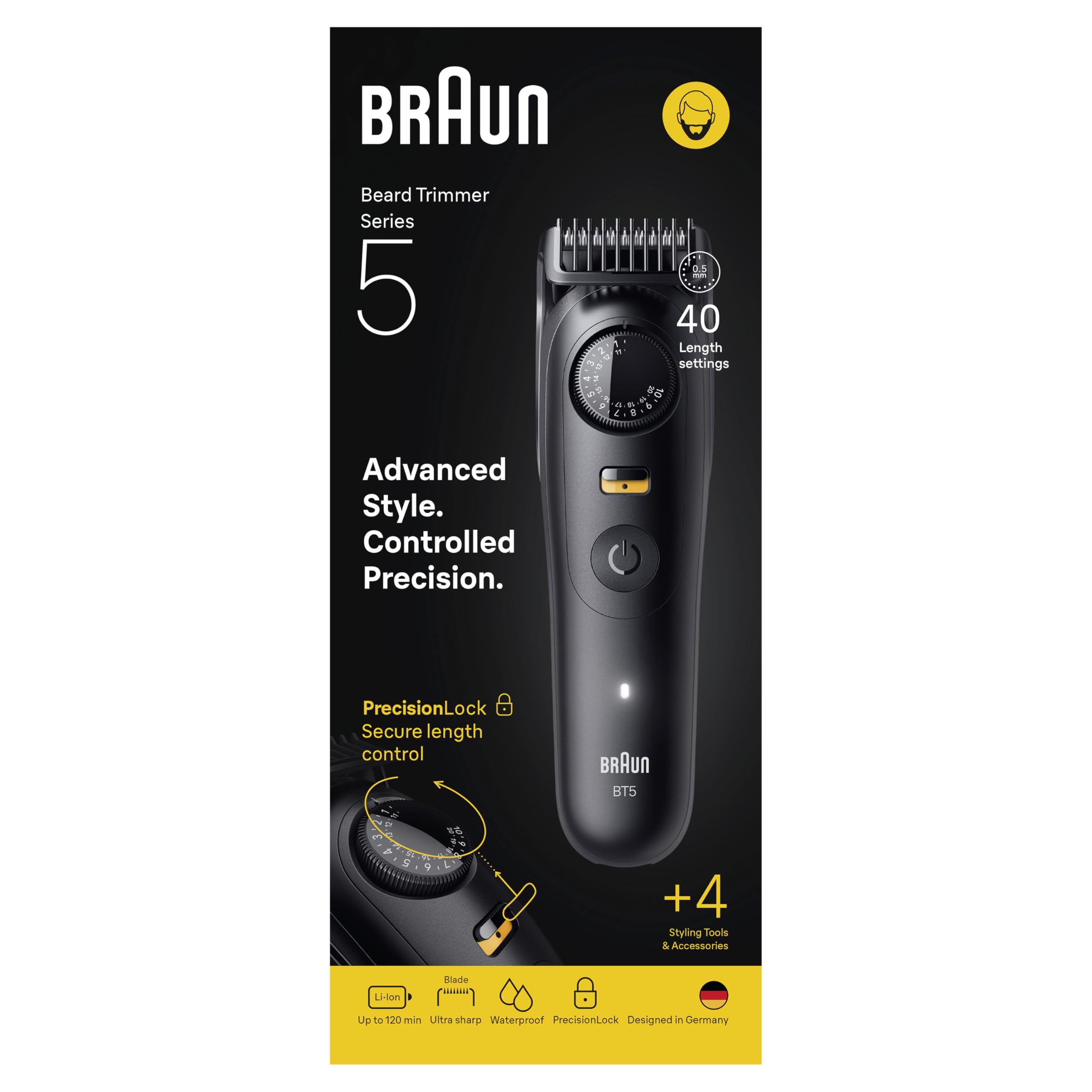 Braun - Cortador de barba serie 5, + 4 herramientas para crear su estilo, hoja ultrafina, 120 min de autonomía, 40 longitudes, impermeable, rueda de precisión y bloqueo, BT5520, negro