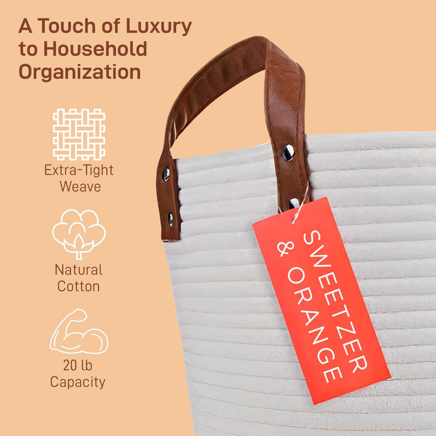 Sweetzer & Orange Large Woven Cotton Rope Storage Basket (Vegan Handles) - Blanket Storage Baskets, Laundry Basket, Toy Storage, Nursery Hamper - Decorative Off White Basket for Living Room : Home & Kitchen