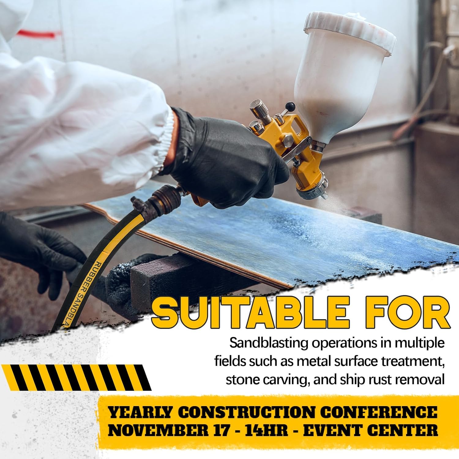 Sandblast Hose 1/2" Id, 1" Od, 15 ft Long 227.52 Psi Heavy Duty Rubber Sandblaster Hose Sandblasting Gun Sand Blaster Cabinet Pressure Washer Sandblasting Kit Tools