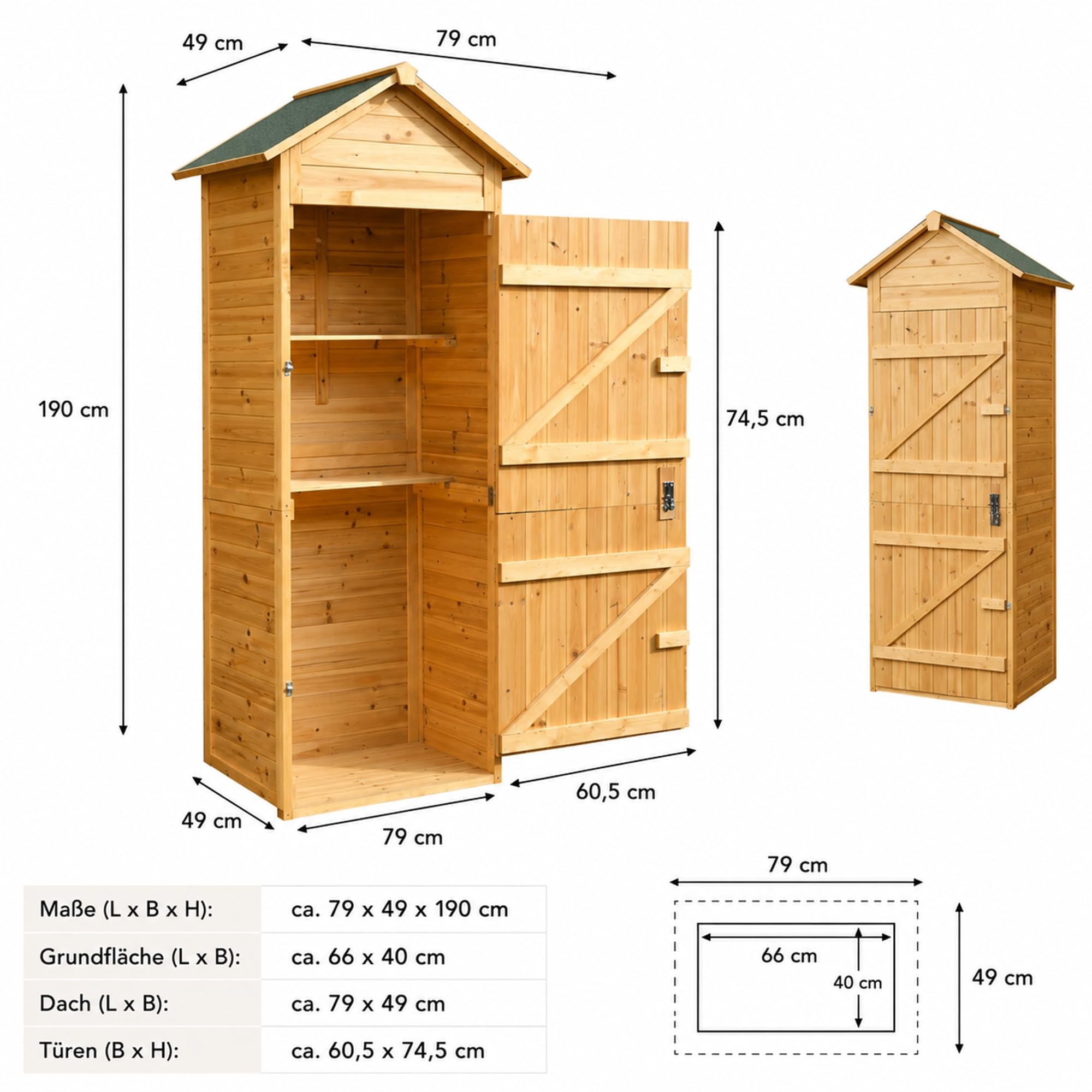 Mucola Gerätehaus mit 2 integrierten Regalböden 79x49x190 cm Geräteschuppen Gartenschrank aus Holz Geräteschrank Gartenhaus Gartengerätehaus