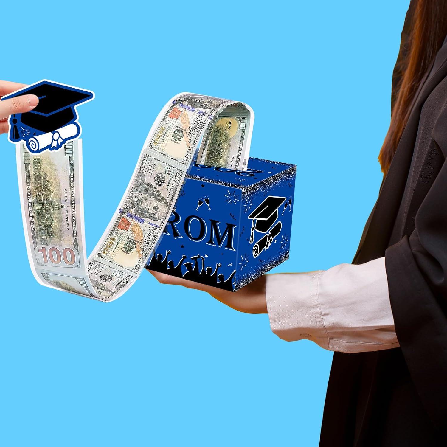 chiazllta 2024 Prom Decotaions Graduation Money Box for Cash Gift Prom Pull Surprise Money Gift Box with Graduation greeting card Blue Graduation Party Supplies Graduates Pull Cash Gifts