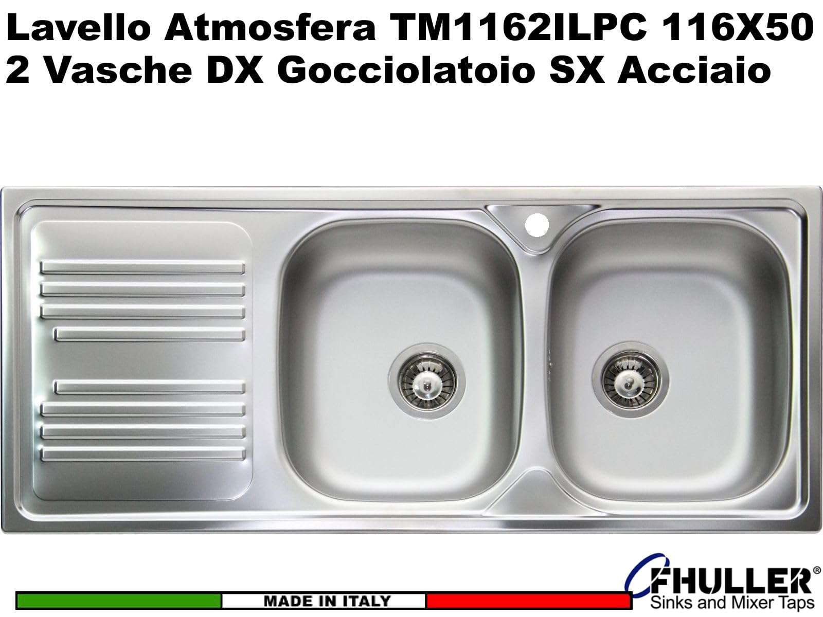 Lavello TM1162ILPC da incasso 2 vasche con gocciolatoio sinistro | Acciaio Inox Prelucido | 116x50 cm | Foro Scarico 3,5” | Lavello Cucina Resistente, Igienico e Facile da Pulire