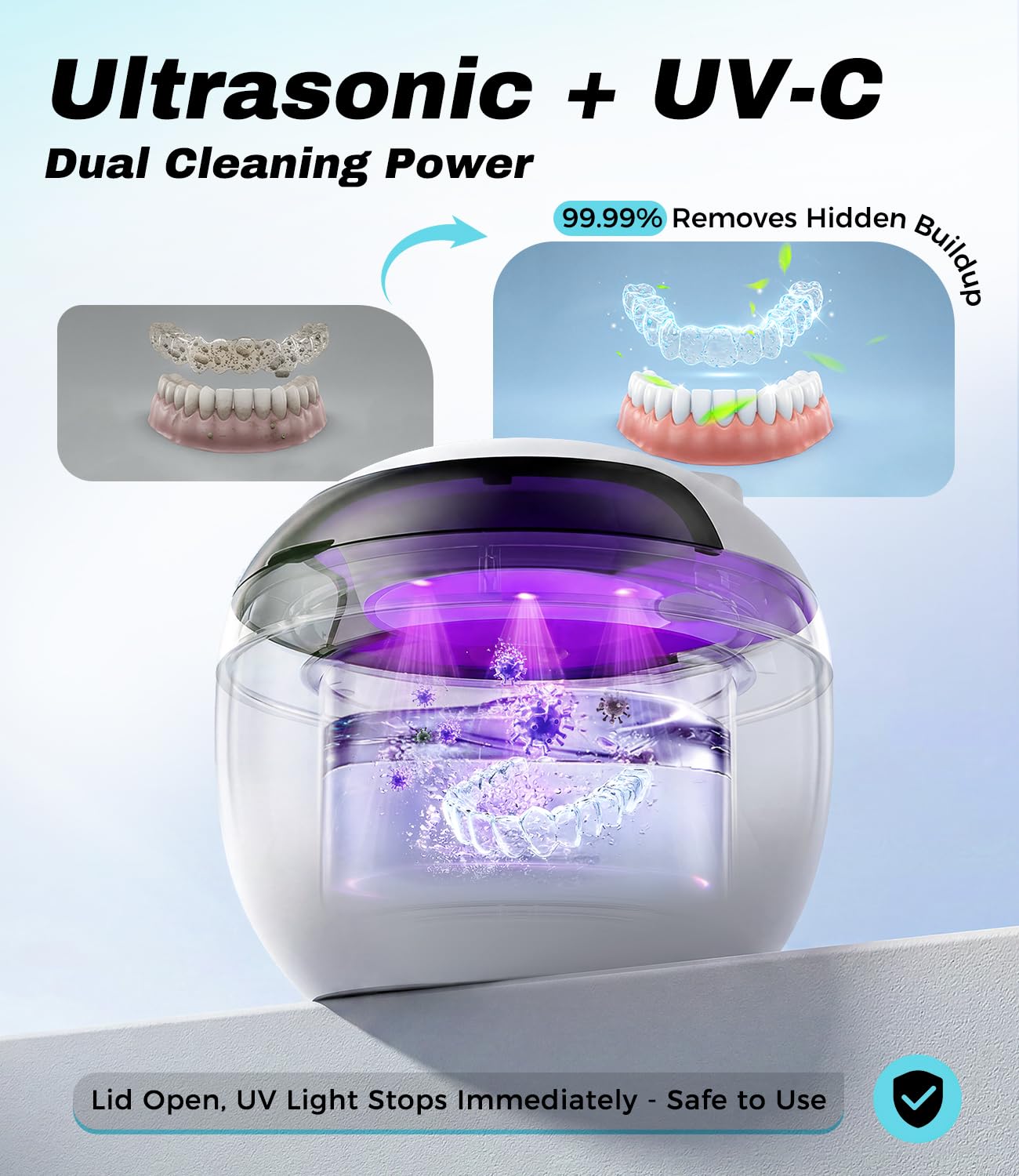 Macchina per la pulizia dentale ad ultrasuoni, 45 kHz profonda e morbida con serbatoio in acciaio inossidabile 304, 4 modalità di pulizia per allineatori, protesi, paradenti, paradenti