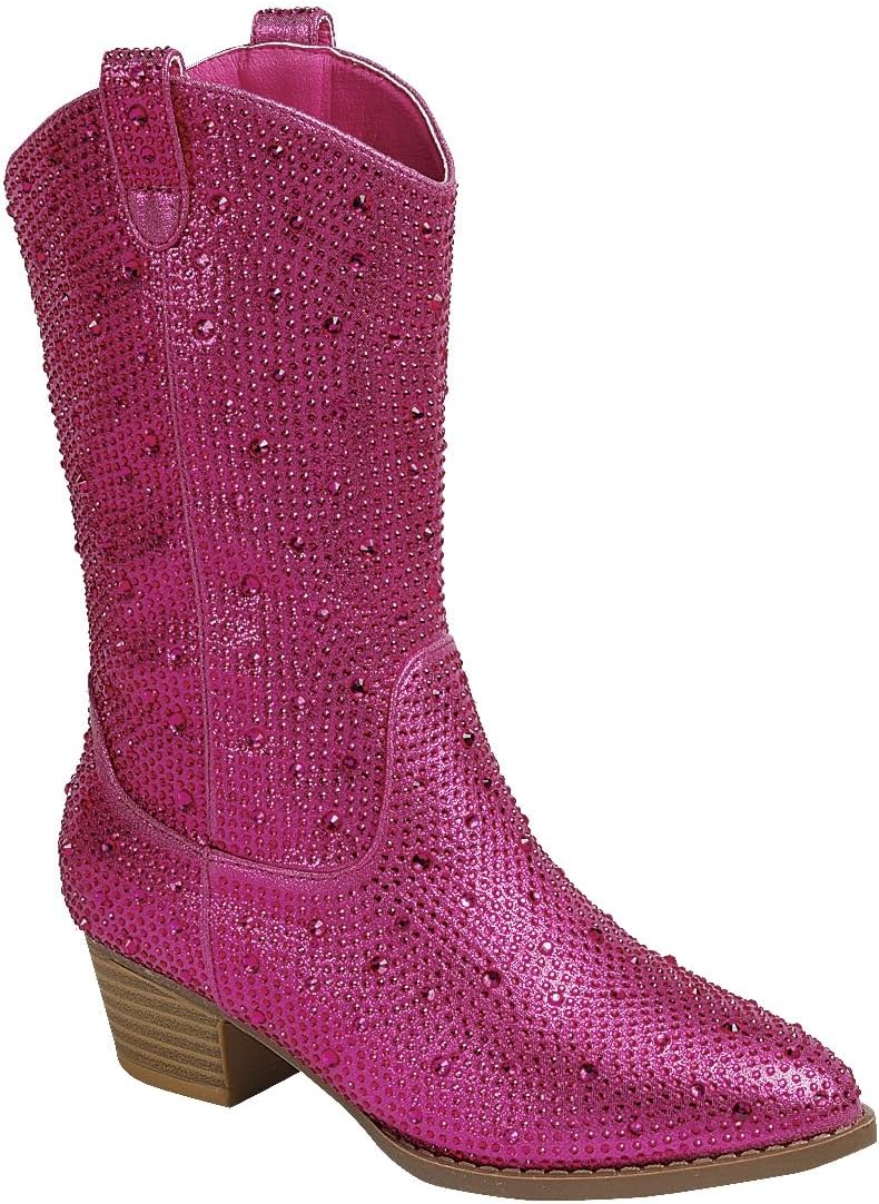 Girls/Kids Rhinestone Western Cowgirl Cowboy Pointed Toe Low Heel Boots River-11K Fuchsia 4