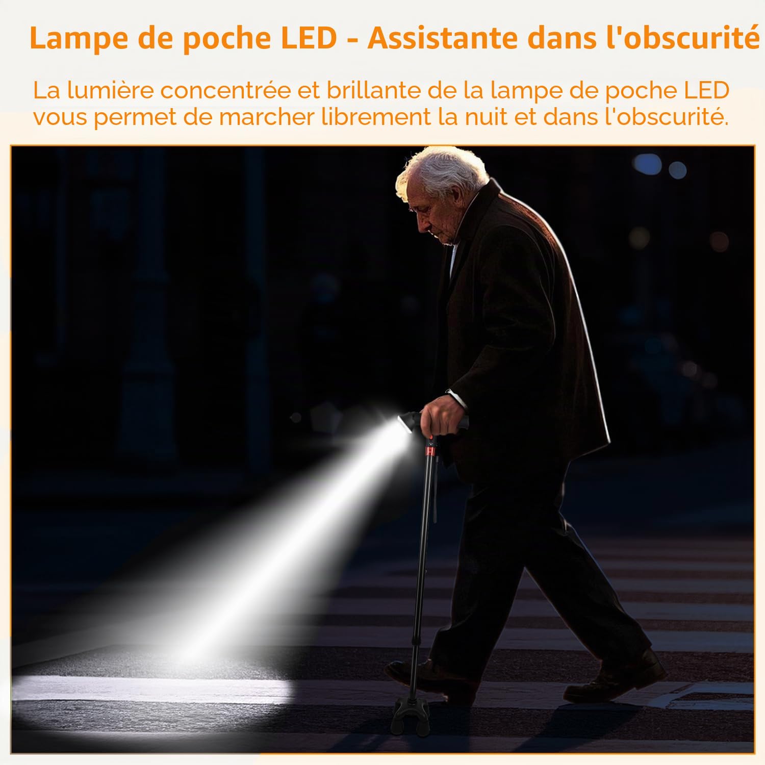 Canne à Pied 120 kg Capacité, Canne réglable en Hauteur avec Lampe de Poche LED et Alarme, Canne à Pied pour Les Personnes âgées et Les Adultes Qui Ont Besoin de Plus de Soutien.