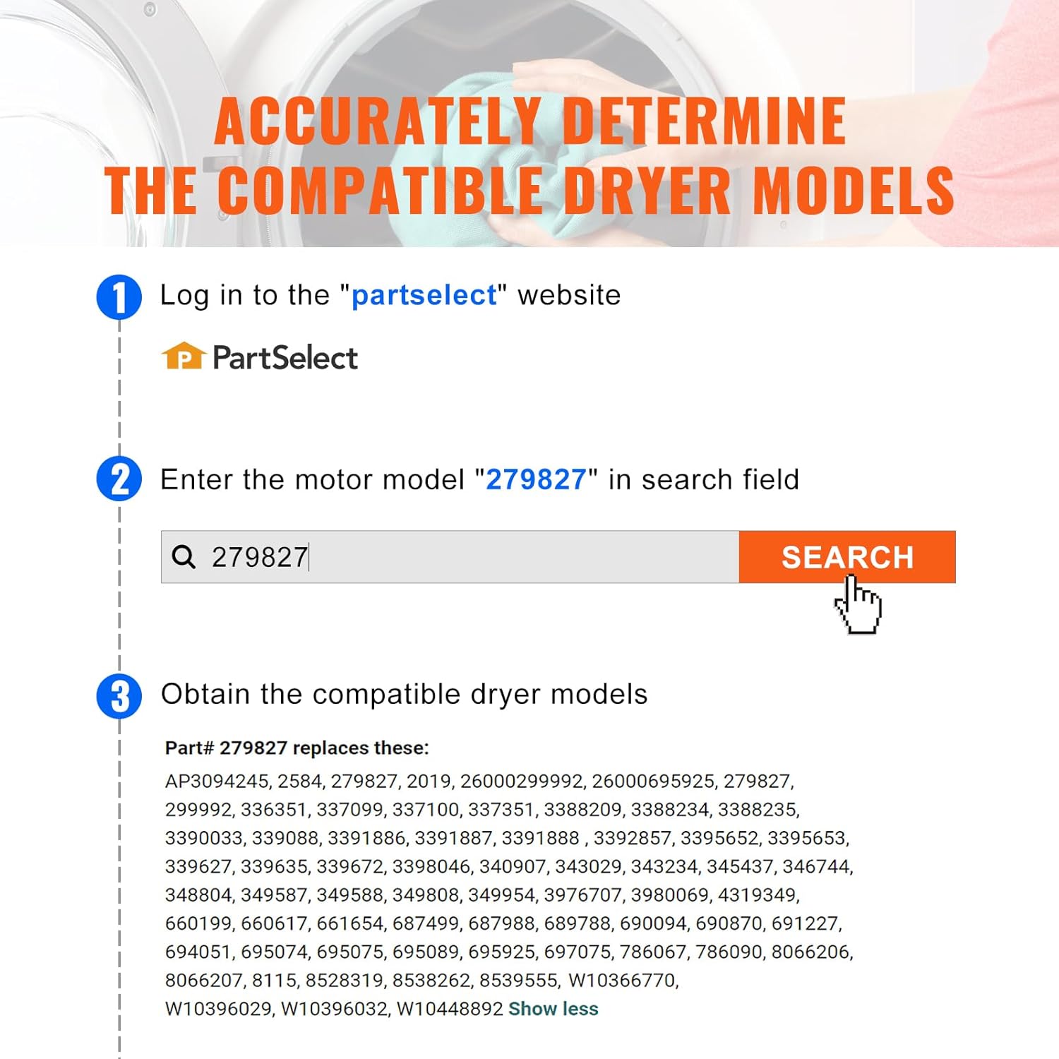 Instructions on how to use the PartSelect website to determine compatible dryer models
