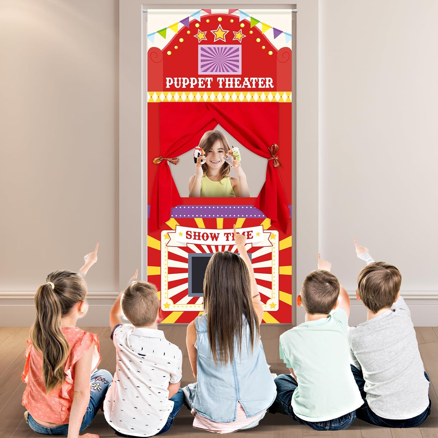 Doorway Puppet Theater with 2 Adjustable Rods 31x67 In Red Yellow Foldable Hanging Puppet Show Theater for Kids Pretend Play Hand Puppets Educational Kids Activities Toys Easy to Set Up Put Away