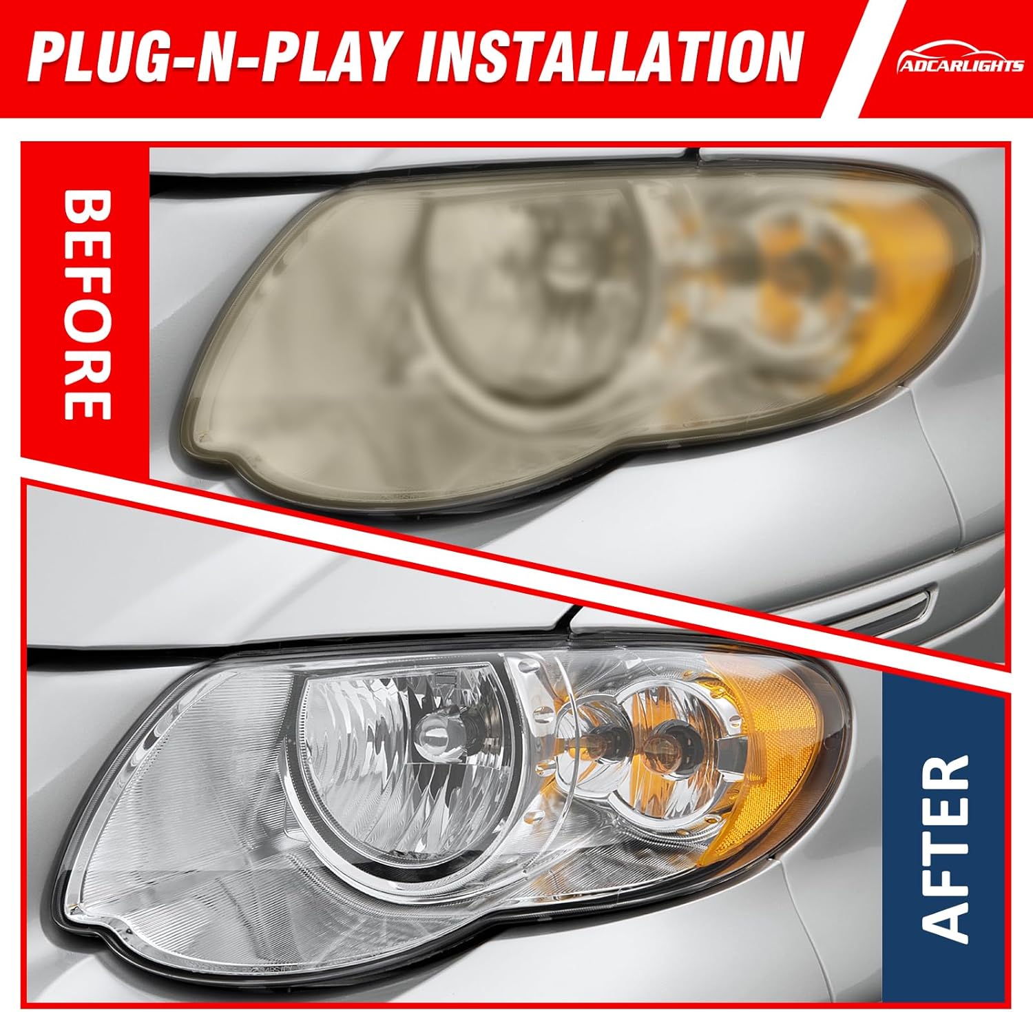 Headlight Assembly for Chrysler Town & Country 2005 2006 2007 Chrome Housing Amber Reflector Replacement Pair（W/O Bulbs）