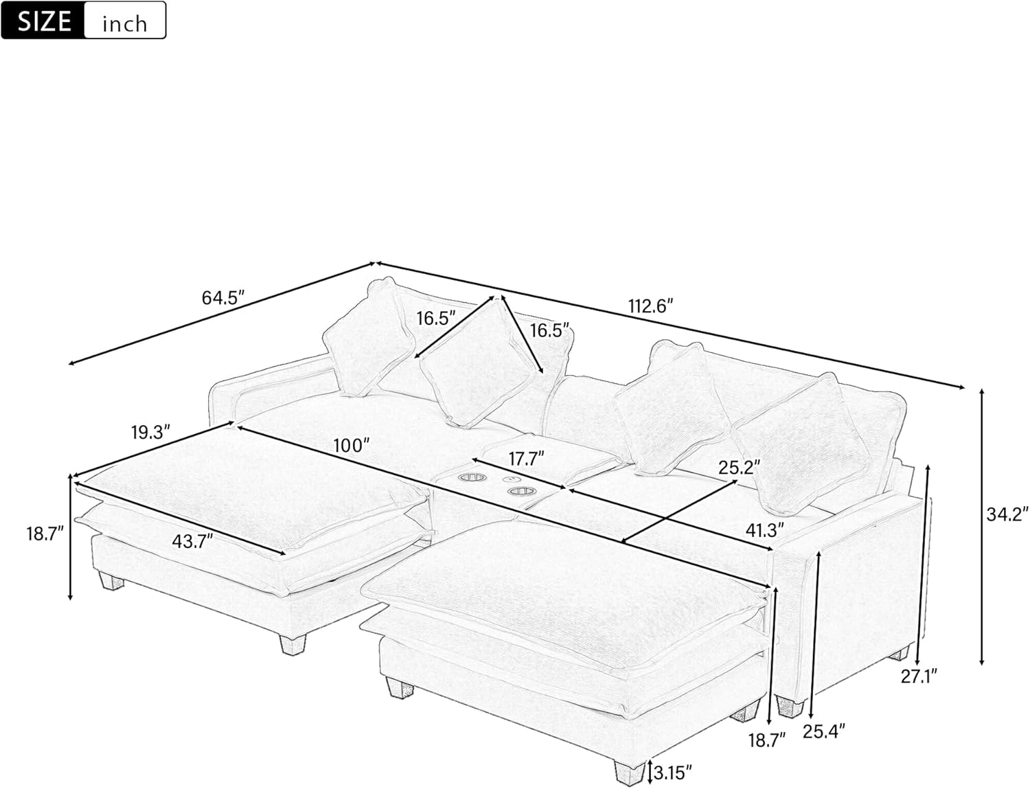 Sectional Sofa Chenille Upholstered with 2 Removable Ottoman, 2 USB Ports, 2 Cup Holders Large Storage Box for Living Room
