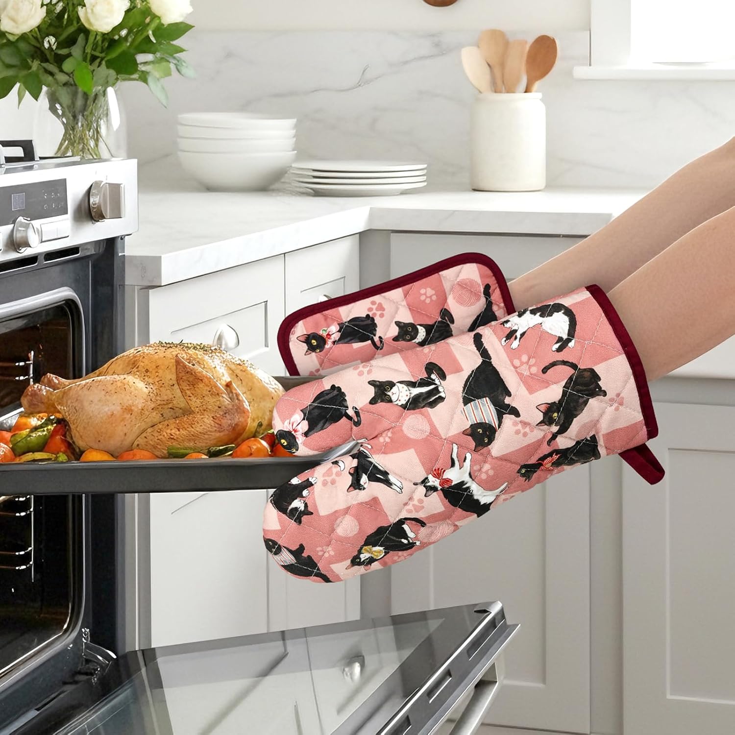 Black Cat Oven Mitts and Pot Holders Set, 100% Cotton, 2pcs