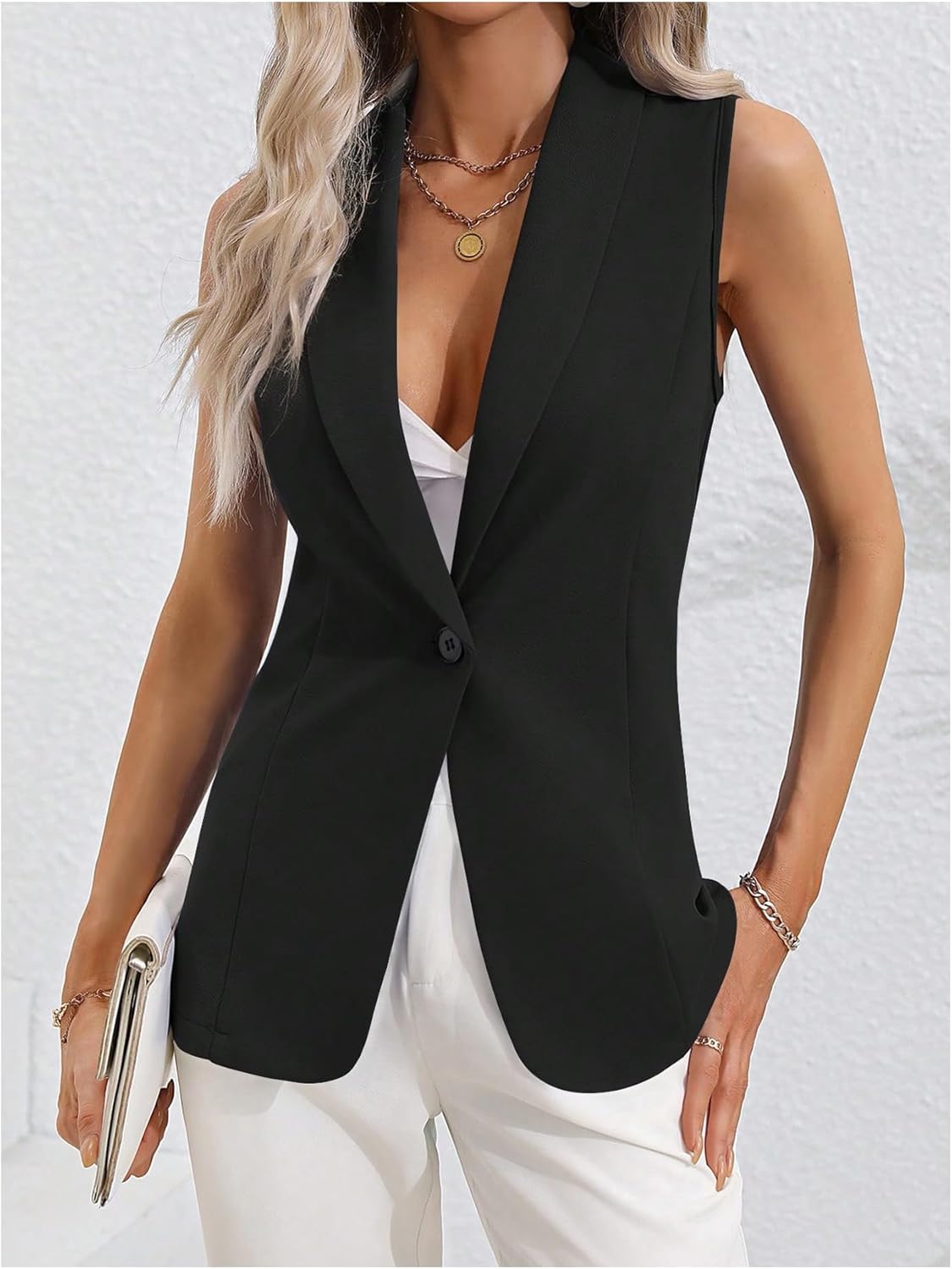 WDIRARA Women's Casual Dressy Button Down Vest Blazer Sleeveless Collared Outerwear - Image 3