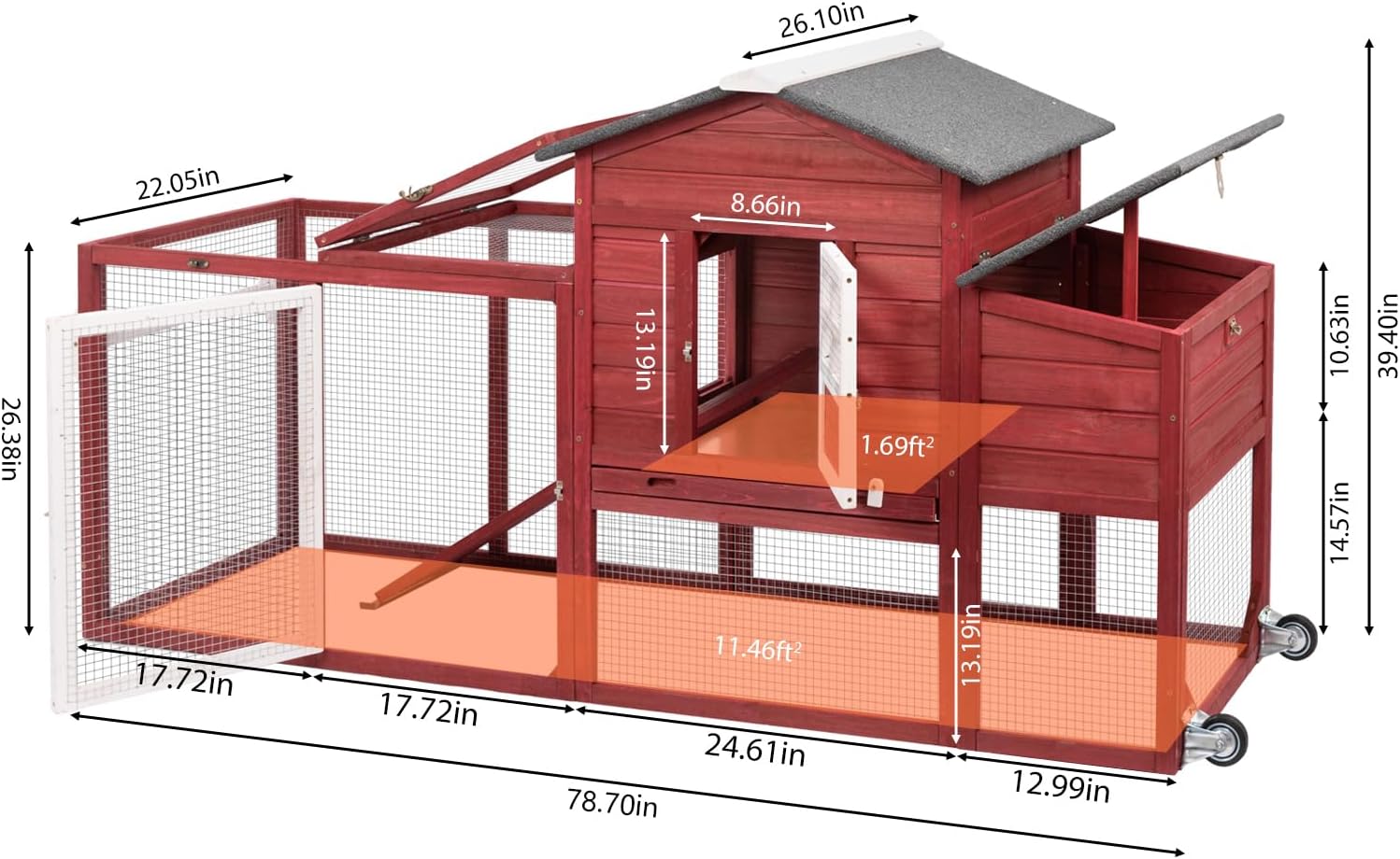 PetsCosset 158in Chicken Coop Wooden Indoor Outdoor for 1-6 Chickens Extension Chicken Houses with Removable Tray Nesting Box and Run（Set of Two）, Red