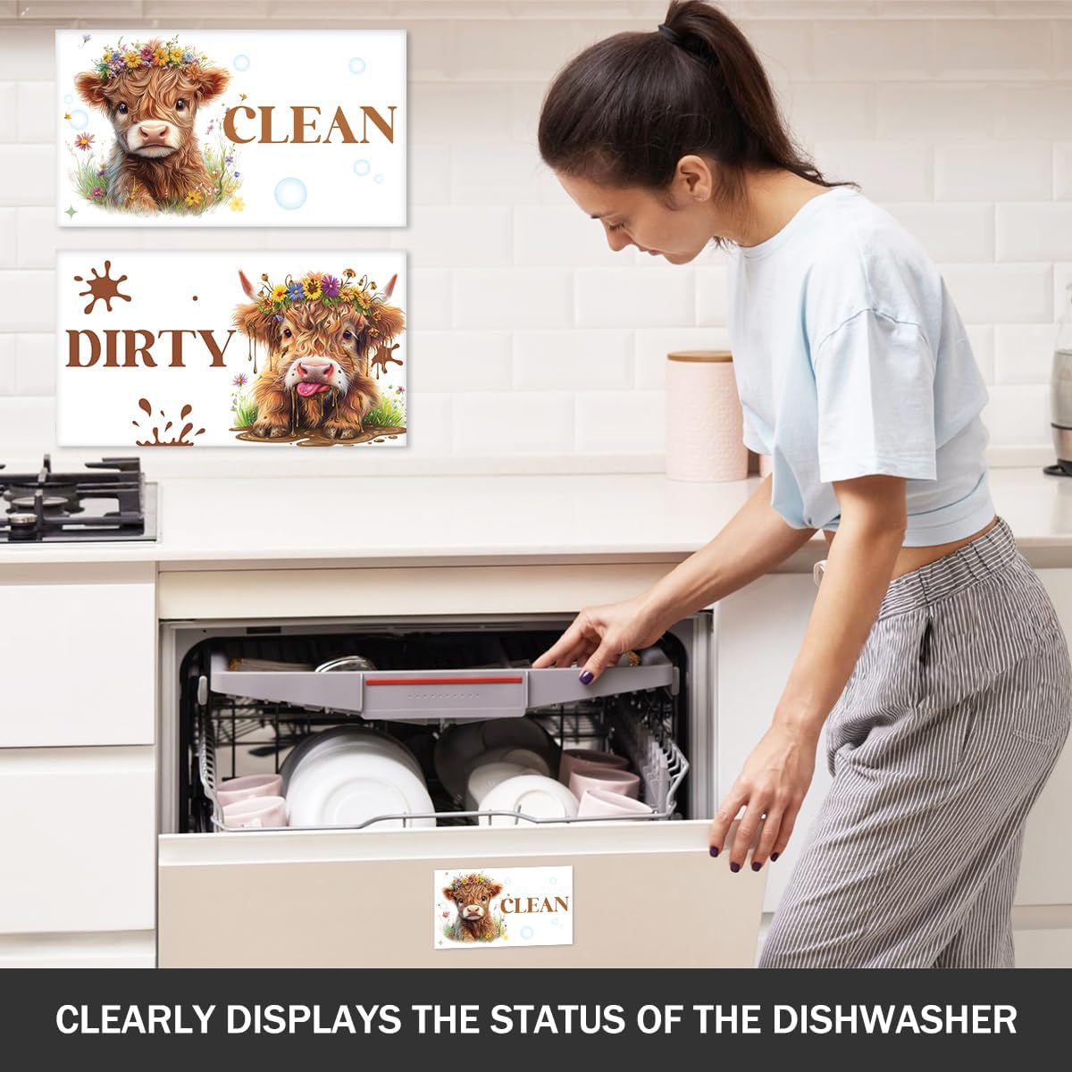 Funny Highland Cow Dishwasher Magnet Clean Dirty Sign 4''x2'' Double Sided Strong/No Scratch Cute Highland Cow Reversible Clean Dirty Magnet for Dishwasher Kitchen Refrigerator Washing Machine image 4