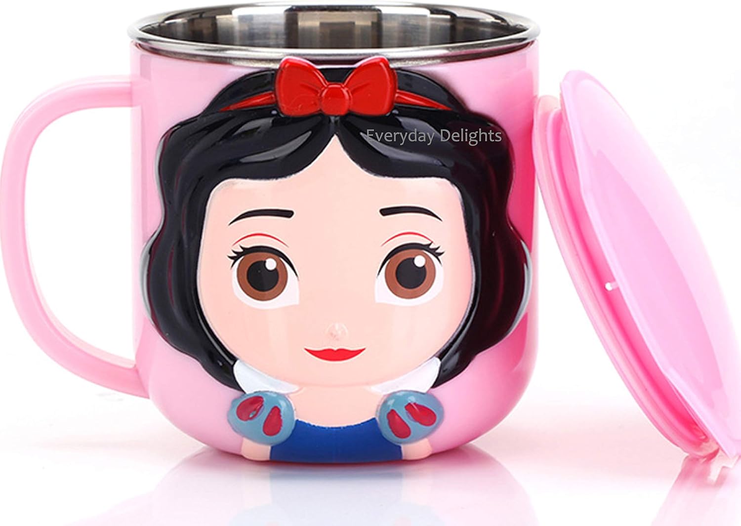Everyday Delights 3D Princess Snow White Pink Durable Stainless Steel Insulated Cup with Lid, 250ml