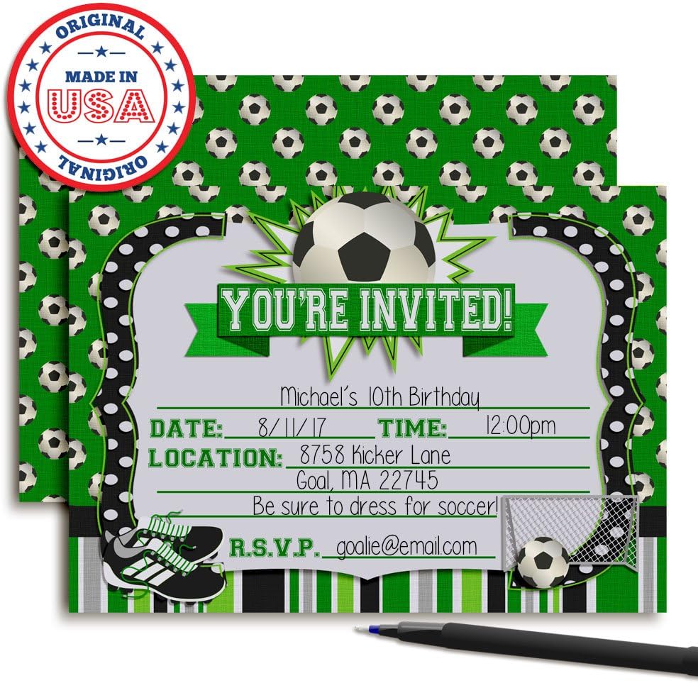 Soccer Birthday Party Invitations, 20 5x7 Fill In Cards with Twenty White Envelopes by AmandaCreation