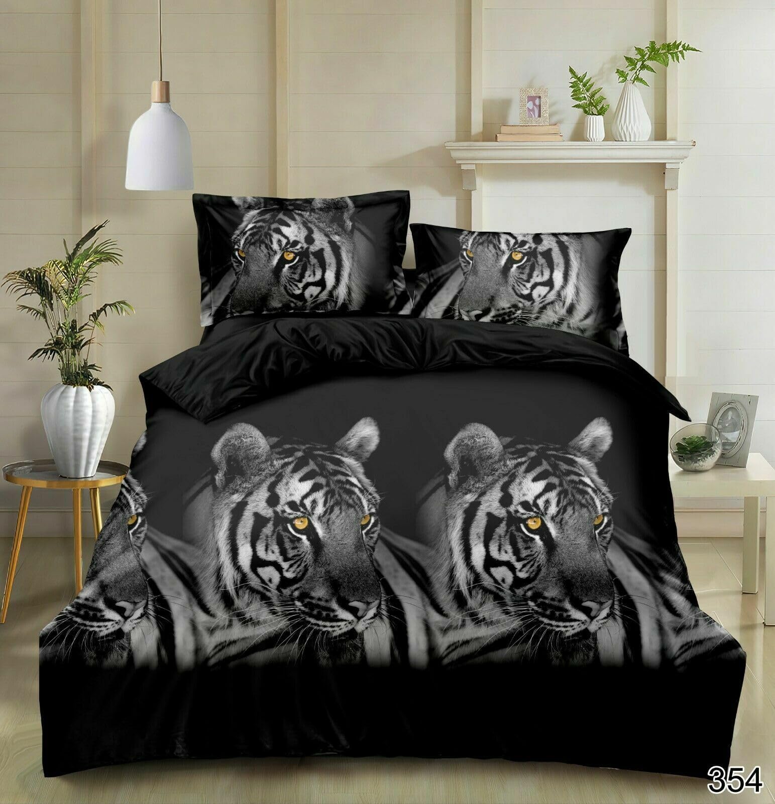 3d Design 4 Piece Complete Bedding Set Digital Floral, Animal Printed Duvet Cover with Fitted Sheet Pillowcases (Black White Tiger 354, Super king)