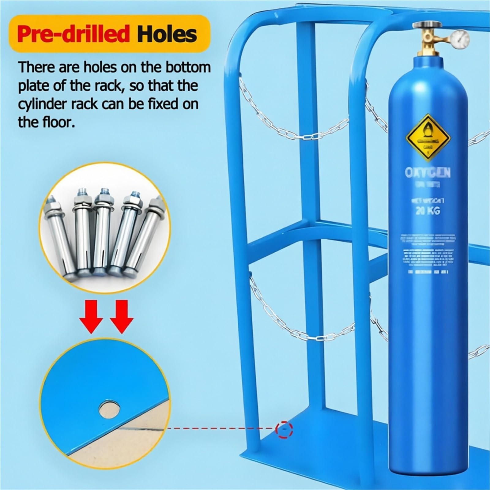 Soporte de almacenamiento para bombonas de oxígeno de alta resistencia, Soporte de fijación para bombonas de gas de montaje en suelo, Soporte portátil de acero con cadena de seguridad(60x30x100cm)