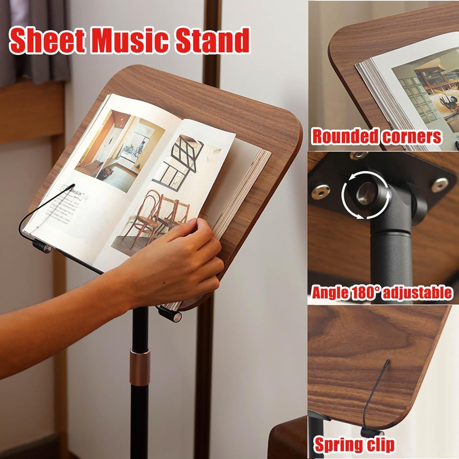 Wood Music Book Stand, High Stability Sheet Music Stand with Spring Book Clip, Retro, Walnut Color, Station for Conductors, Height Adjustable 64-122cm, Durable