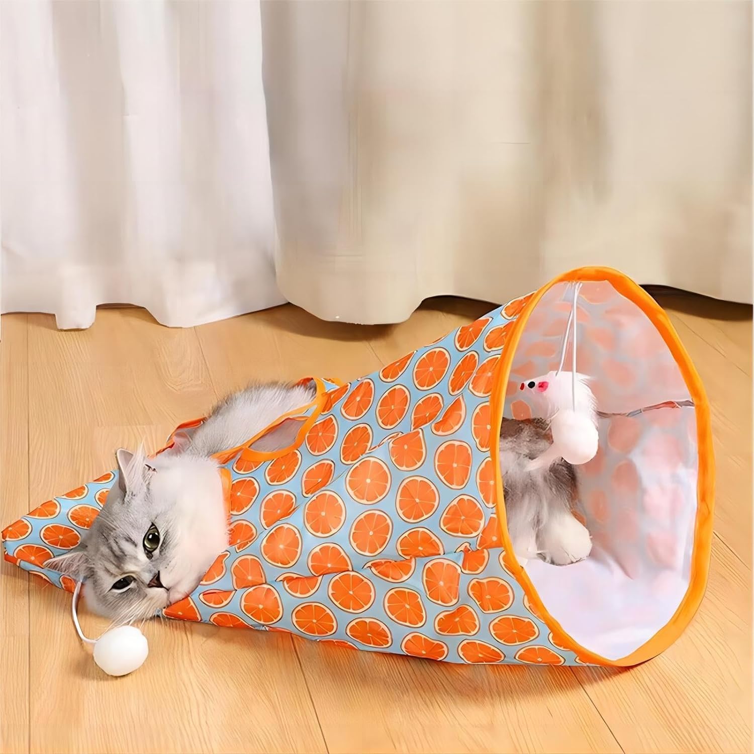 Juguete de túnel plegable para gatos, bolsa plegable para ocultar y jugar para interiores, juguete interactivo de cueva para gatos, con 1 ratón pequeño y 3 bolas de juguete, patrón naranja