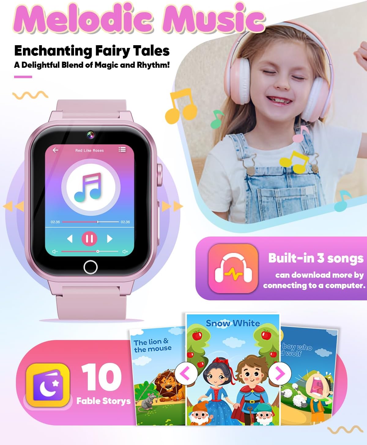 A girl listening to music with headphones, and the Ziegoal smart watch displaying a music player interface.