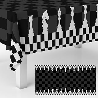 Chessboard Game Party Birthday Tablecloth Black and White Checkered Racing Flag Numbers Squares Pieces Print Table Cover Supplies for Birthday Party Dining Room Booth Props Decor, 53" x 98"