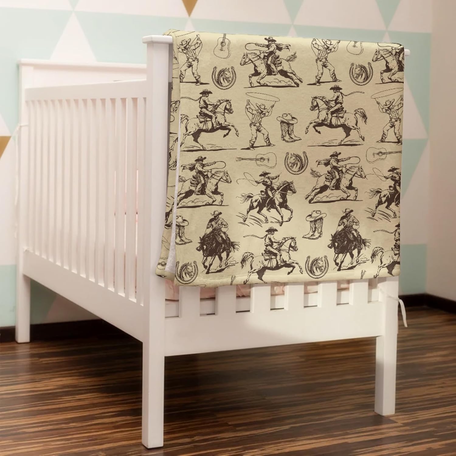 Vintage Western Cowboy Baby Blanket for Boy Girl Country Cowboy Hat Boots Guitar Receiving Blankets Wild West Soft Swaddle Blanket Flannel Newborn Toddler Nursery Crib Bed Blanket Playmat 40x50
