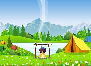 Cartoon Camping Backdrop 5x3ft Summer Camping Bonfire Campfire Party Camp Tent Theme Birthday Party Decoration Wild Nature Outdoors Hiking Climbing Sign Guitar Backpacks Background Photo Props