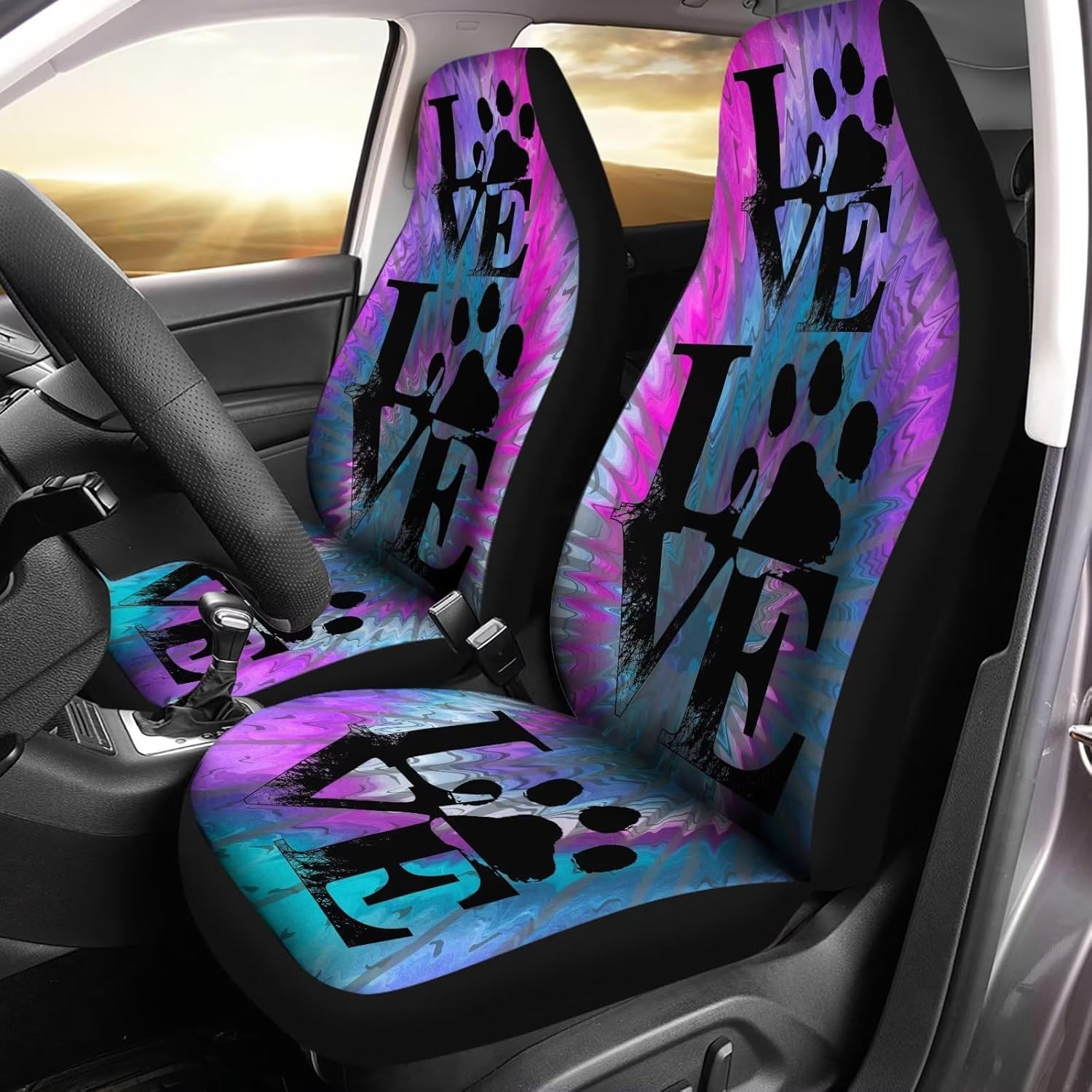 Bulopur Tie-dye Dog Paw Print Car Front Seat Covers Full Set of 2, Polyester Stretchy Automotive Interior Accessories Universal Fit Most Vehicles