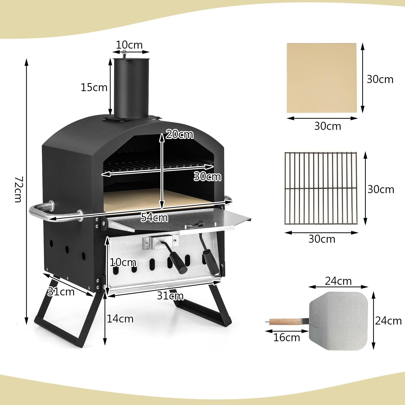 GYMAX Tragbarer Pizzaofen, Pizzabäcker mit klappbaren Beinen & Griffen, holzbefeuerter Pizzagrill mit 2-stöckigem Design & verstellbaren Belüftungsöffnungen, Holzbackofen mit Pizzastein