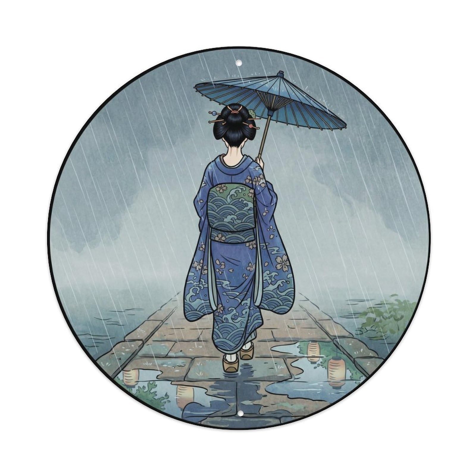 Galvaxio Style Japanese Kimono Woman Rain Stroll Umbrella Tranquil Metal Tin Sign