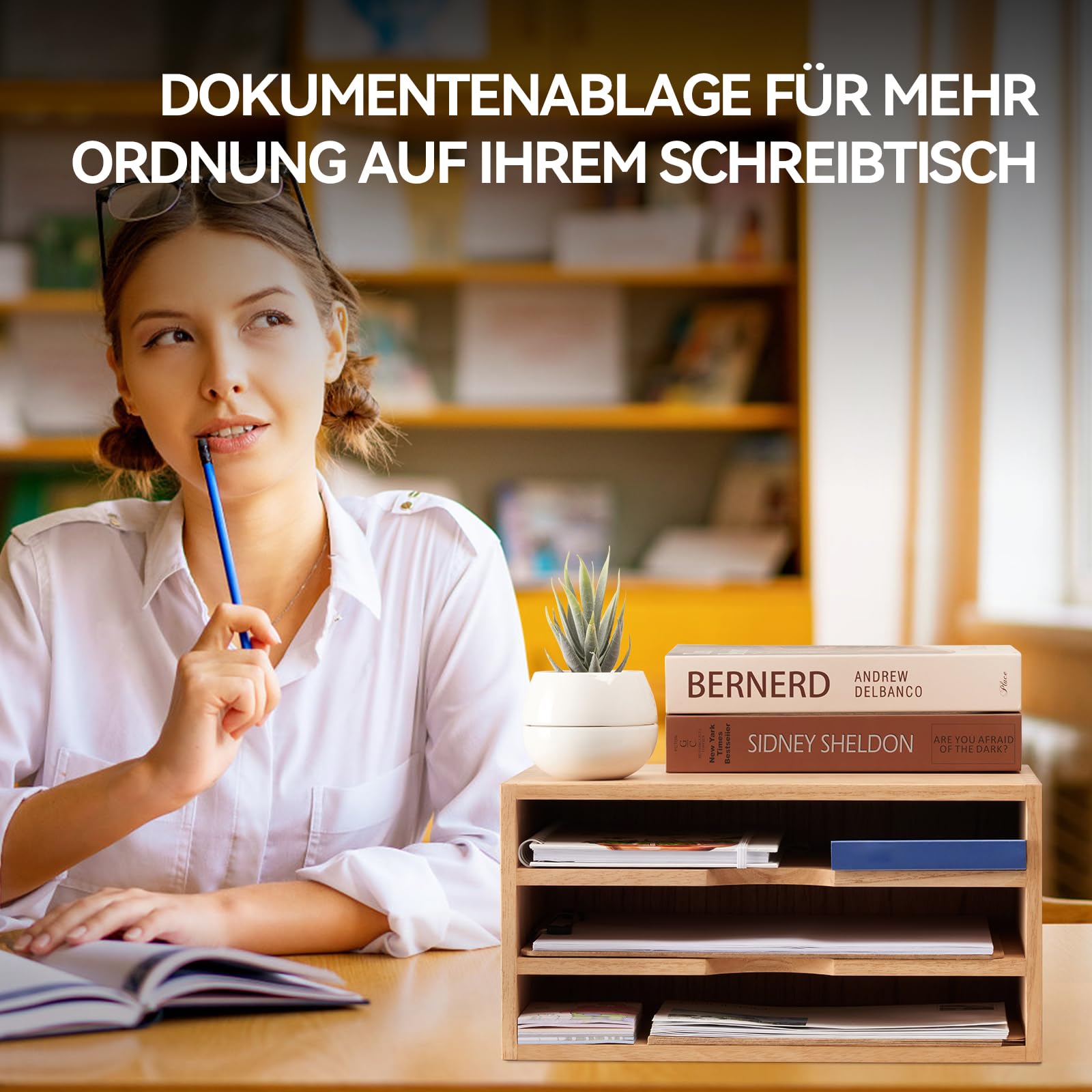 KIRIGEN Schreibtisch-Organizer aus Paulownia-Holz, Dokumentenablage mit 3 Fächern, 35 x 24 x 18 cm, Briefablage und Papierablage für Büro, Homeoffice und Arbeitszimmer, Natur