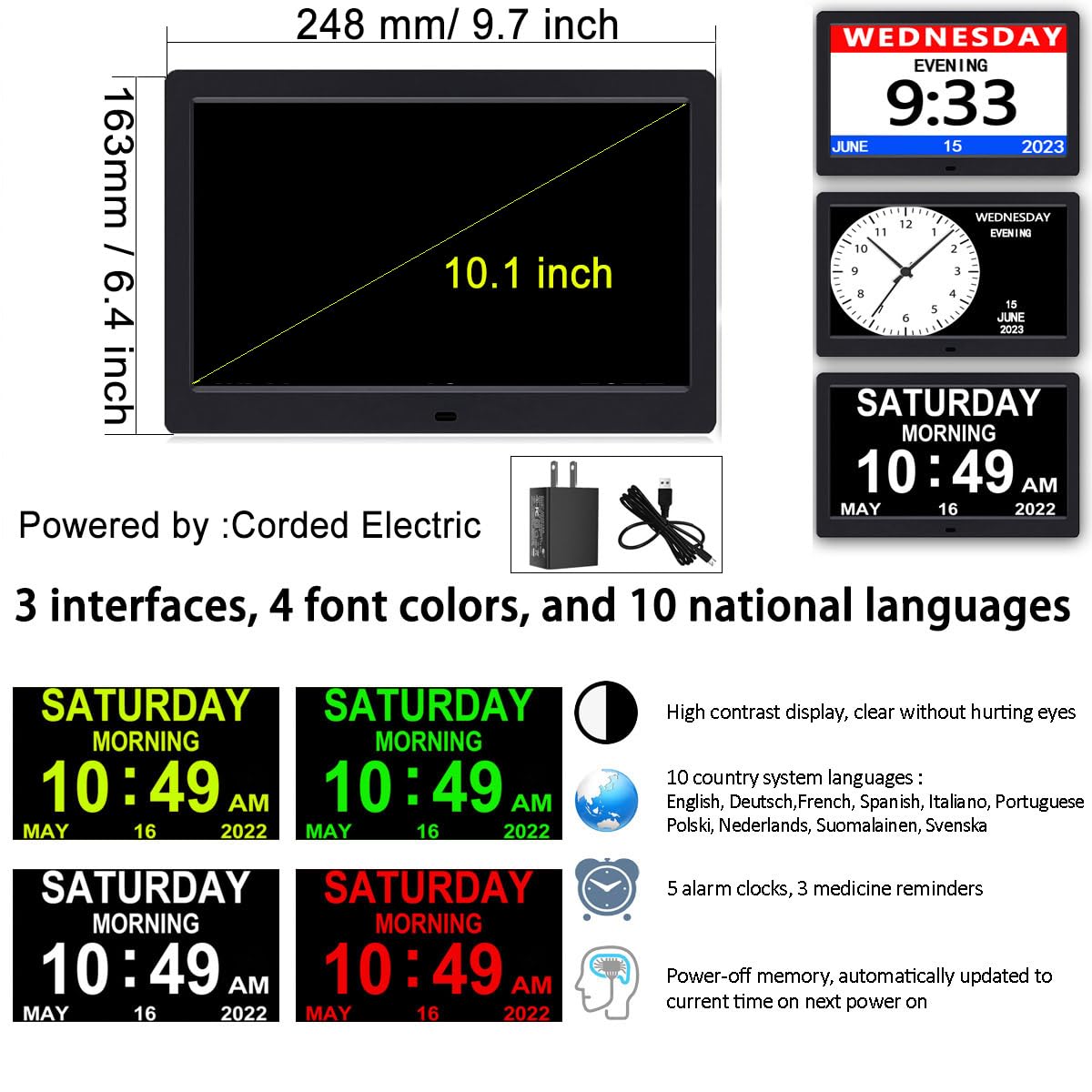 Reloj digital DST con fecha y día de la semana para ancianos-12 alarmas, recordatorio de medicamentos, demencia, Alzheimer, calendario con pantalla extragrande (10.1 pulgadas, negro) 2