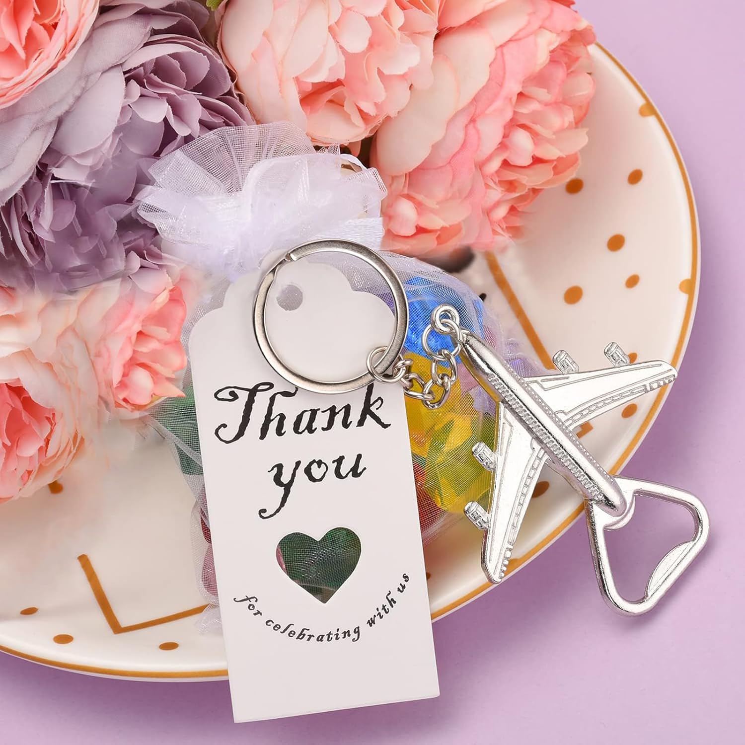 50Pcs Airplane Bottle Openers with Keychain & Keyrings for Wedding Favors, Bridal Shower Gifts for Guests or to make flight attendant gifts for a trip，Include White Sheer Favor Bag Thank You Card
