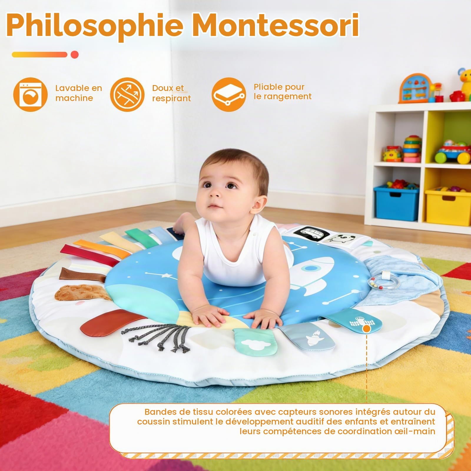 LabTEC Tapis d'éveil pour bébé, tapis d'activités, avec 5 zones de développement et 5 jouets sensoriels amovibles pour stimuler la motricité et le développement sensoriel (bébés de 0 à 18 mois)