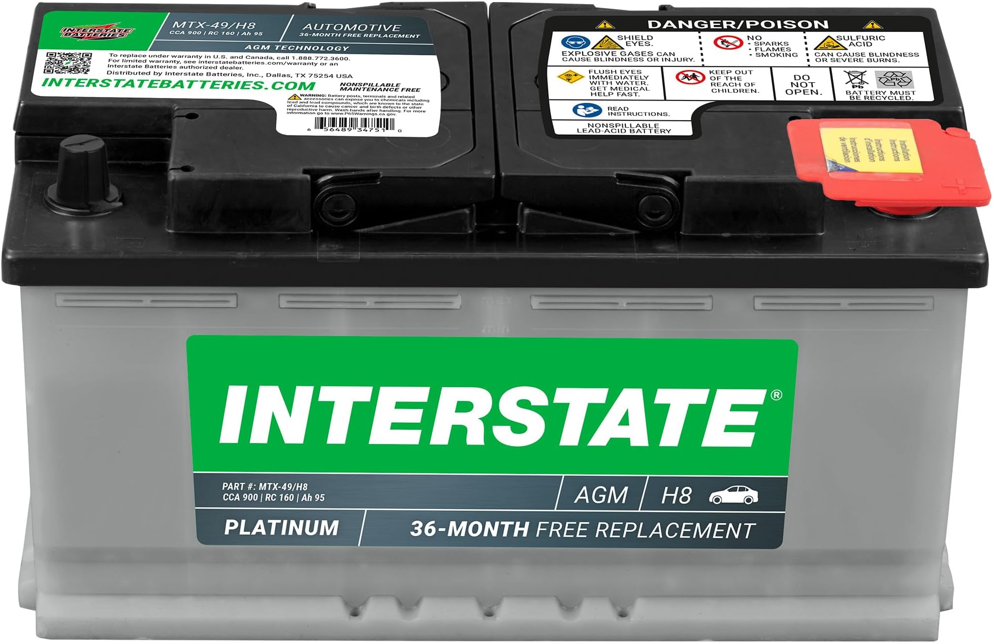Interstate Batteries Automotive Battery 12V 95Ah (Group Size H8, 49) 900CCA SLI AGM Automobile Replacement Battery for Cars, SUVs, Sedans, Trucks (MTX-49/H8)