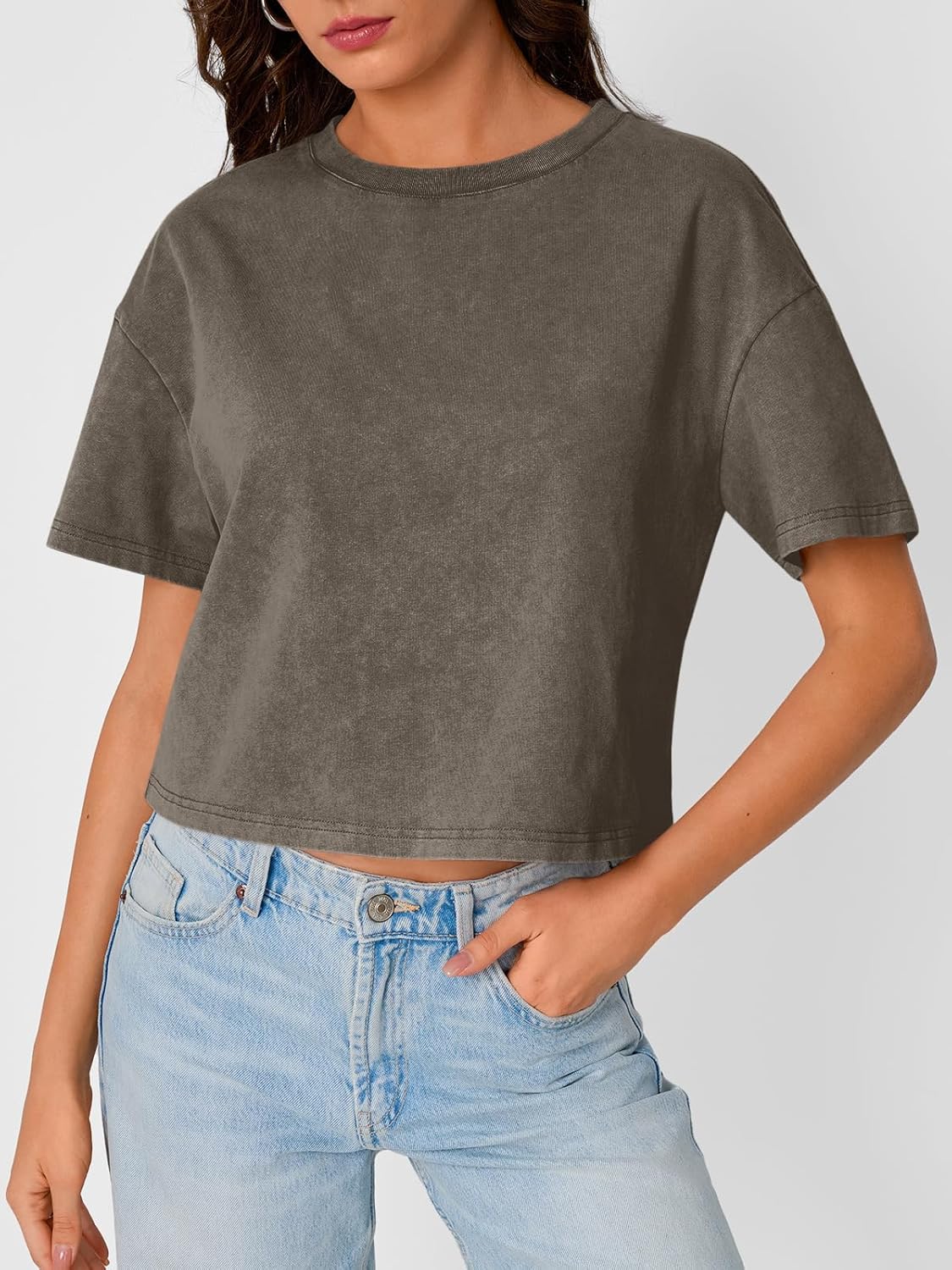 Trendy Queen Womens Crop Tops Short Sleeve T-Shirts Acid Wash Casual Summer Clothes Trendy Comfy 2026 Workout Baggy Soft Tees Lightbrown Small