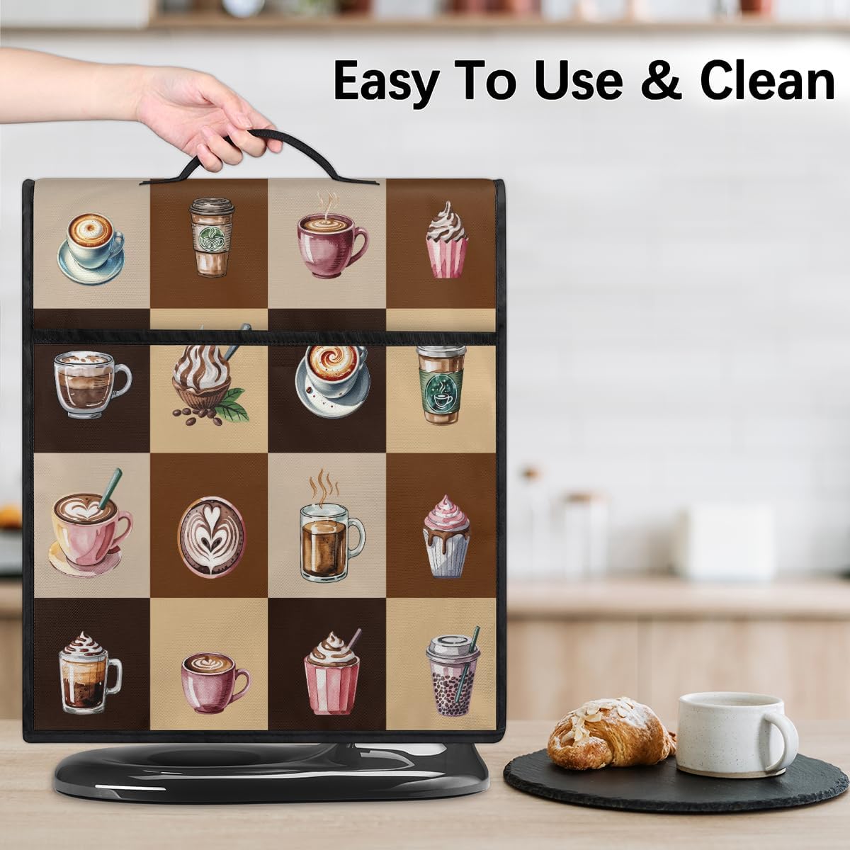 Coffee Cup Kitchen Aid Covers Foldable Washable Stand Mixer Dust Cover | Modern 6-8 Quart Stand Mixer with Top Handle and Zipper Pocket for Kitchen Aid Appliance Accessories Gift