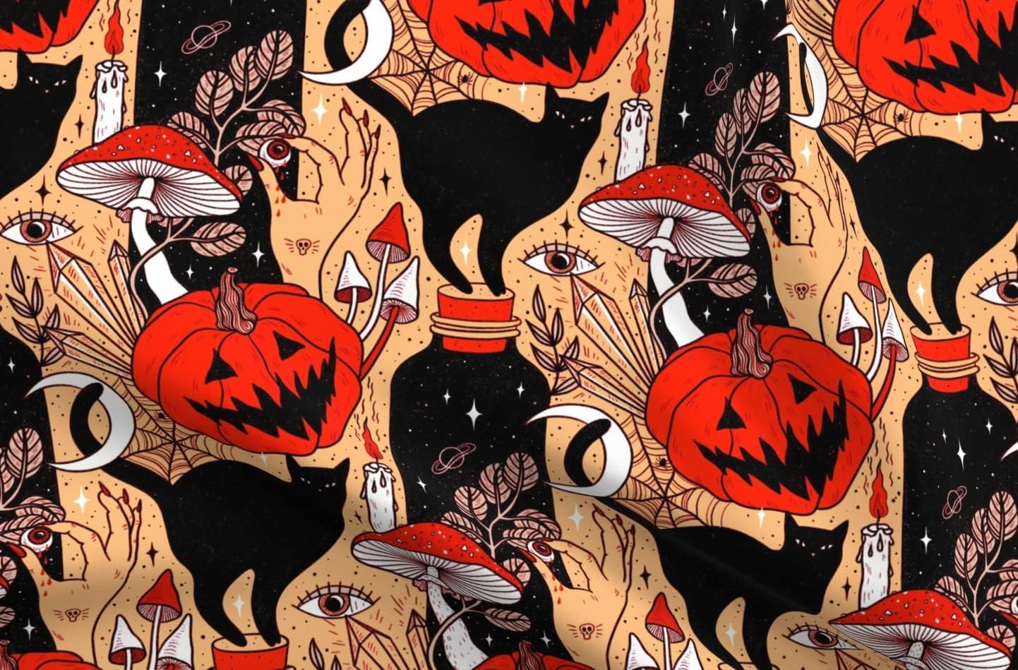 Spoonflower Fabric - Pumpkin Black Cat Mushrooms Third Eye Spooky Halloween Horror Orange Printed on Petal Signature Cotton Fabric Fat Quarter - Sewing Quilting Apparel Crafts Decor
