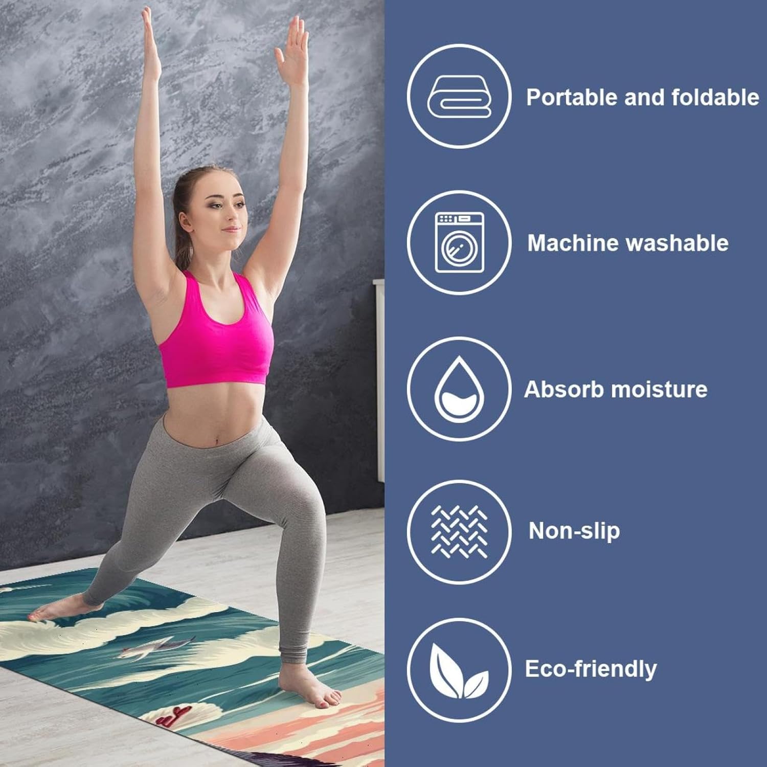 Yoga Towel, Seagull Pattern Non Slip Sweat Absorbent Hot Yoga Mat Towel for Hot Yoga, Pilates and Fitness - 72.8" x 26.8"