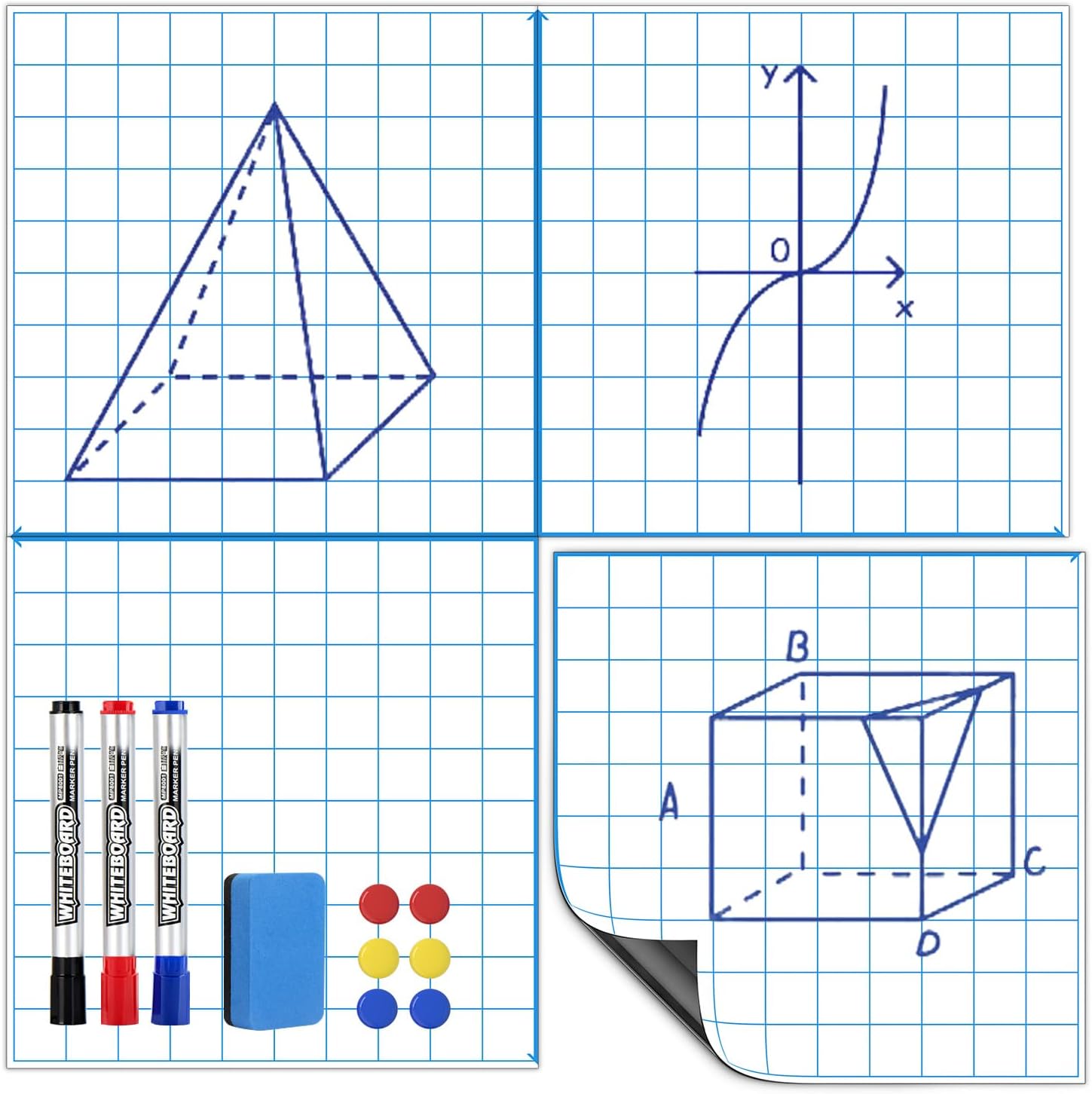 Magnetic Graph Paper for Whiteboard: 4-in-1 Dry Erase Grid XY Coordinate Plane for White Board - 30"x30" Reusable Axis Board with Markers, Magnets, Eraser for Math Teacher Classroom Must Have