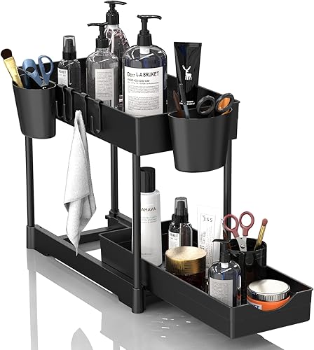 Warmodern Organizador de cesta para debajo del fregadero organizador de baño de 2 niveles debajo del fregadero cestas organizadores de gabinete de