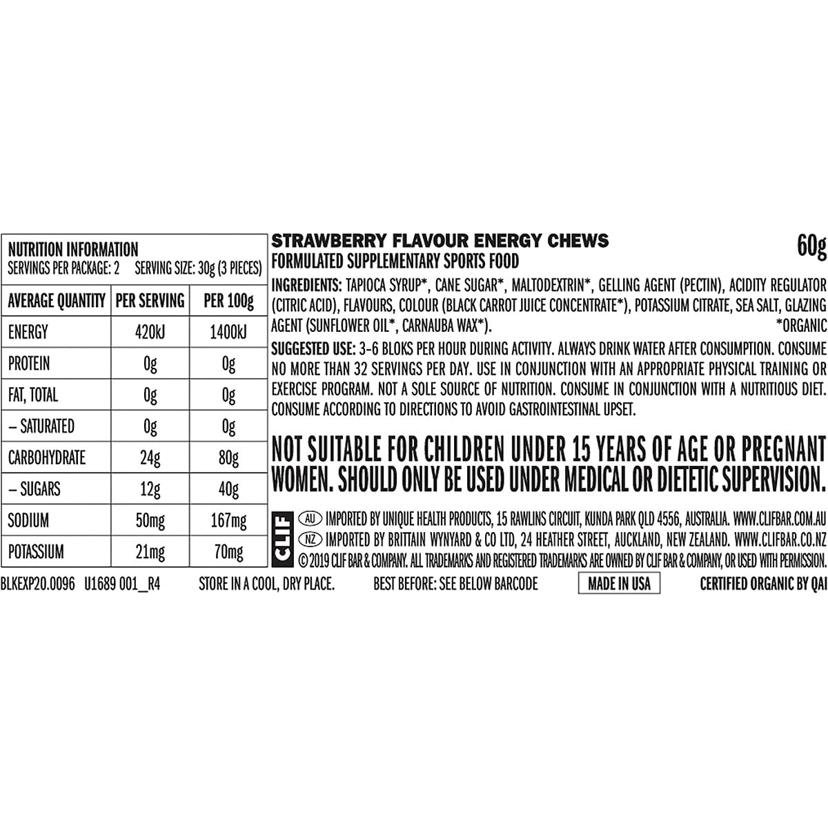 CLIF BLOKS - Strawberry Flavor - Energy Chews - Non-GMO - Plant Based - Fast Fuel for Cycling and Running - Quick Carbohydrates and Electrolytes - 2.12 oz.,18 Count (Pack of 2)