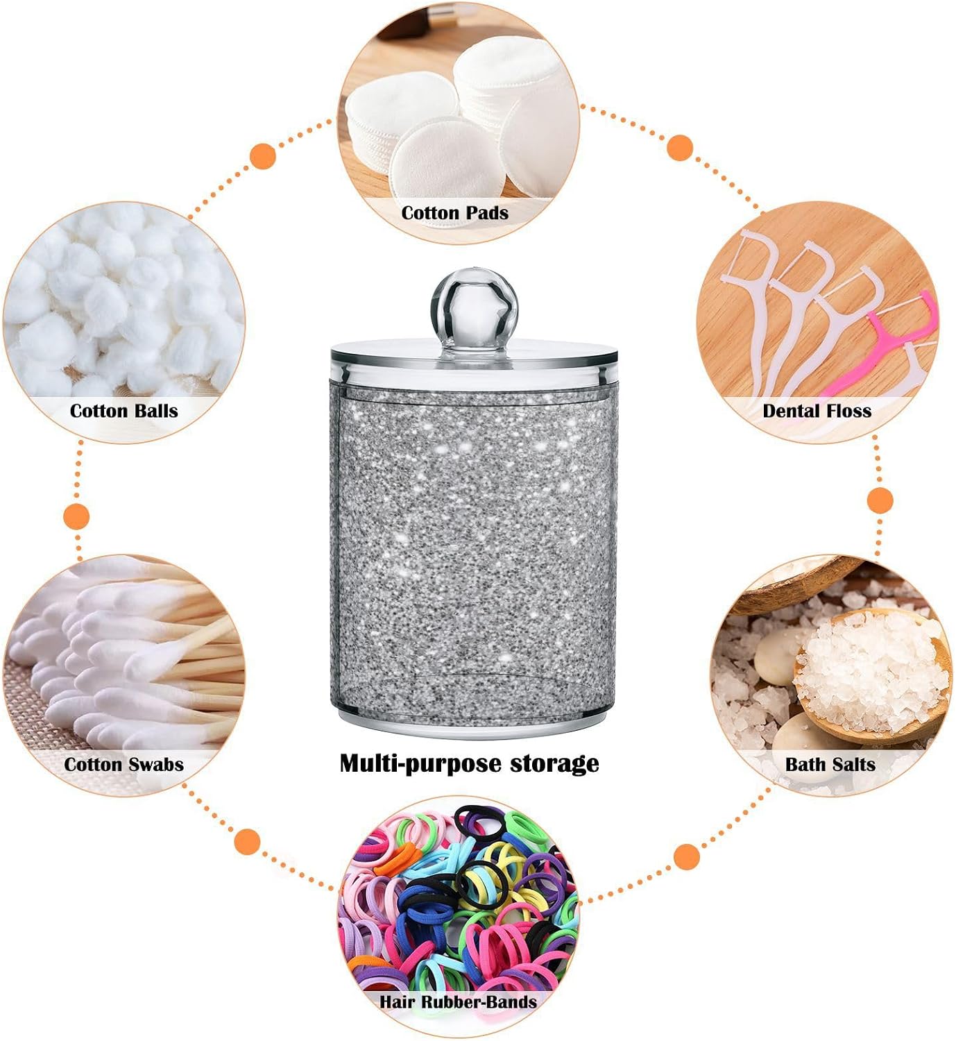 Silver White Glitter Qtip Holder Dispenser Flash Gradient Sparkle Bathroom Canister Storage Organization 2 Pack Clear Plastic Apothecary Jars with Lids Vanity Makeup Organizer For Cotton Swab Ball F