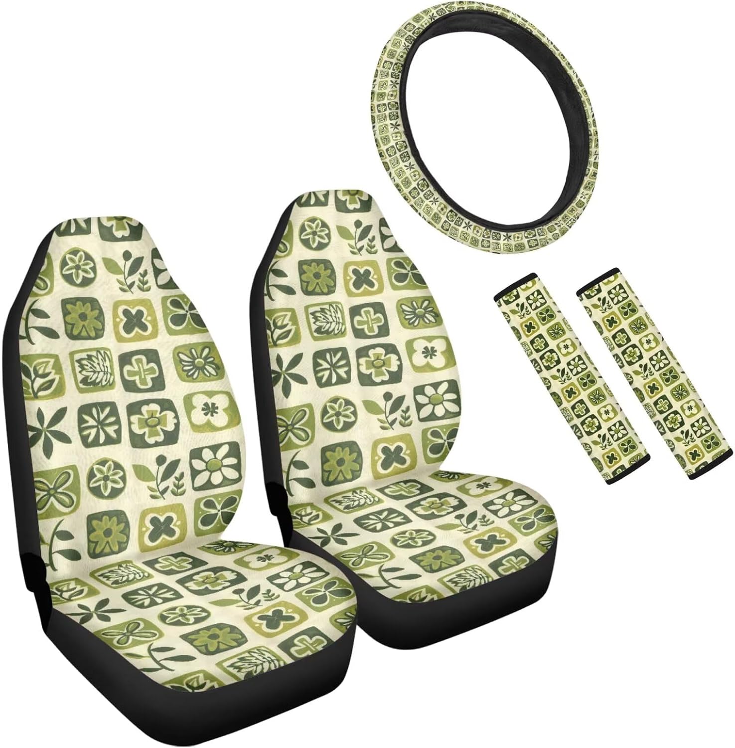 Cartoon Lemon Floral Print Universal Car Seat Covers of 5 Pcs Set Cute Yellow Lemons Steering Wheel Cover Front Seat Cover Universal Automotive Interior Covers