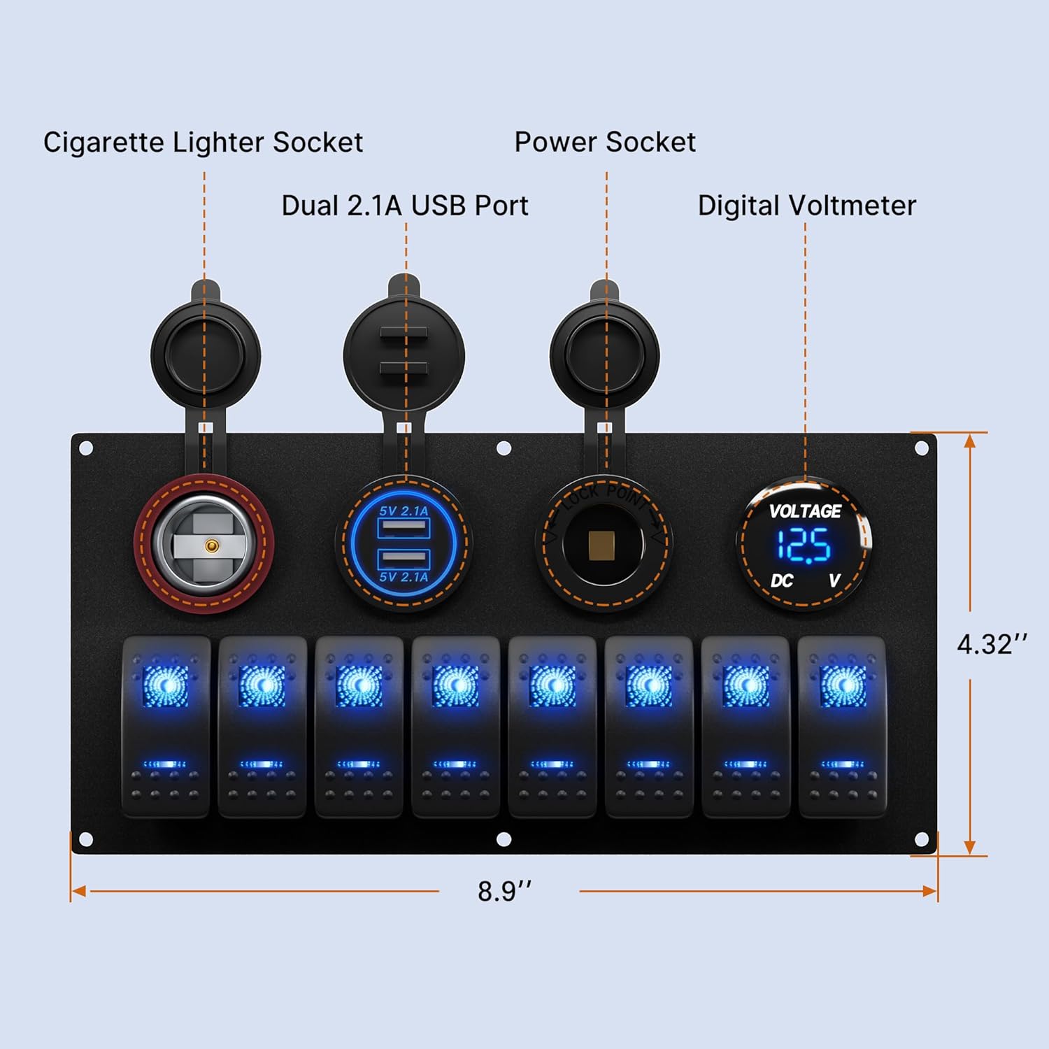 Marine Boat Switch Panel Waterproof 8 Gang 12V Rocker Switch Panel 12 Volt Toggle Switch Panel Blue LED Lighted for Automotive Car Truck