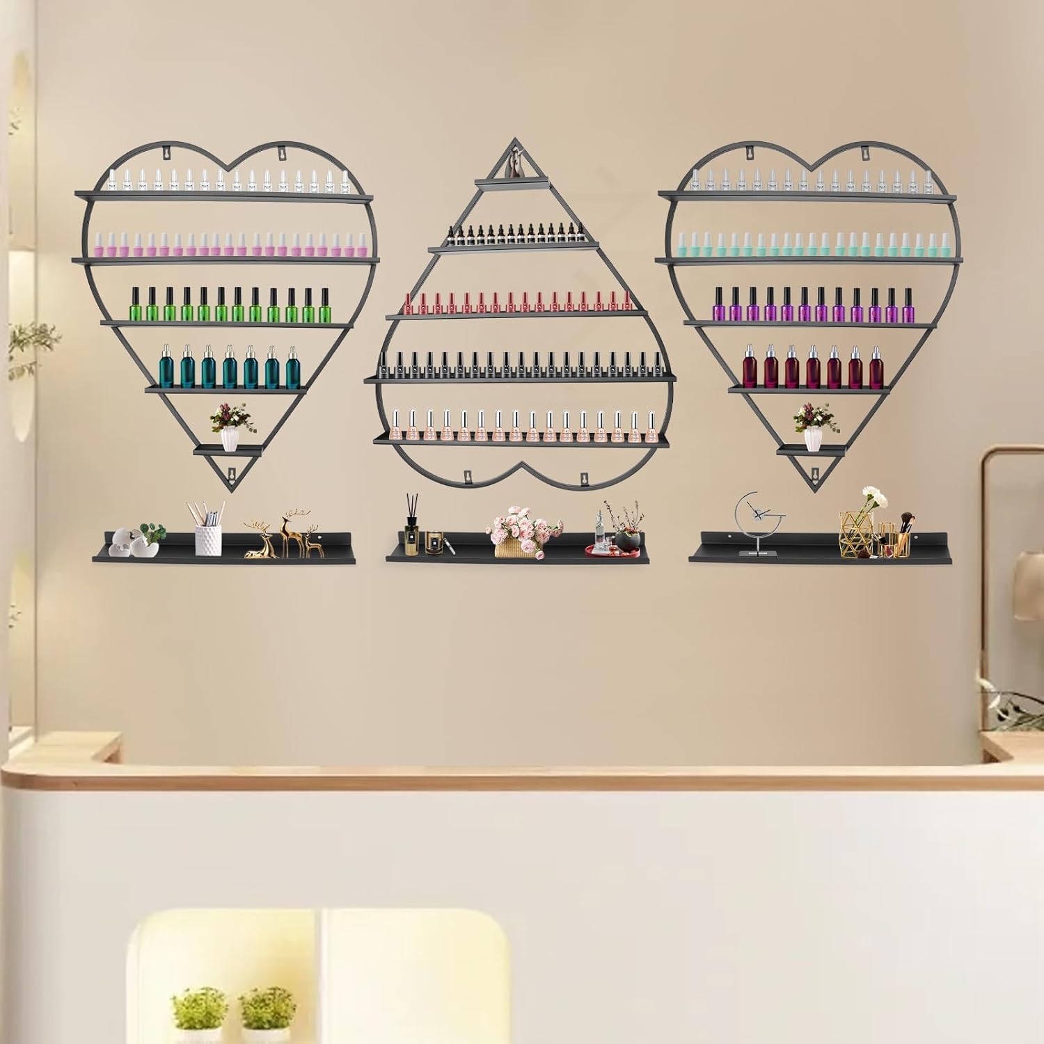 3 Pcs Metal Wall-Mounted Nail Polish Storage Racks 5 Tiers Heart-Shaped Display Rack Nail Polish Wall Rack Nail Polish Wall Organizer for Spa Nail Salon Shop (Black)