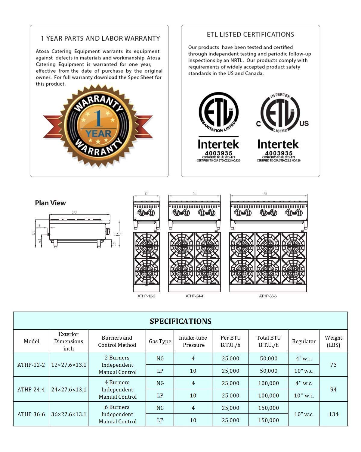 CookRite ATHP-36-6 Commercial Hot Plate Countertop Six Burner Liquid Propane Range 36" - 150,000 BTU