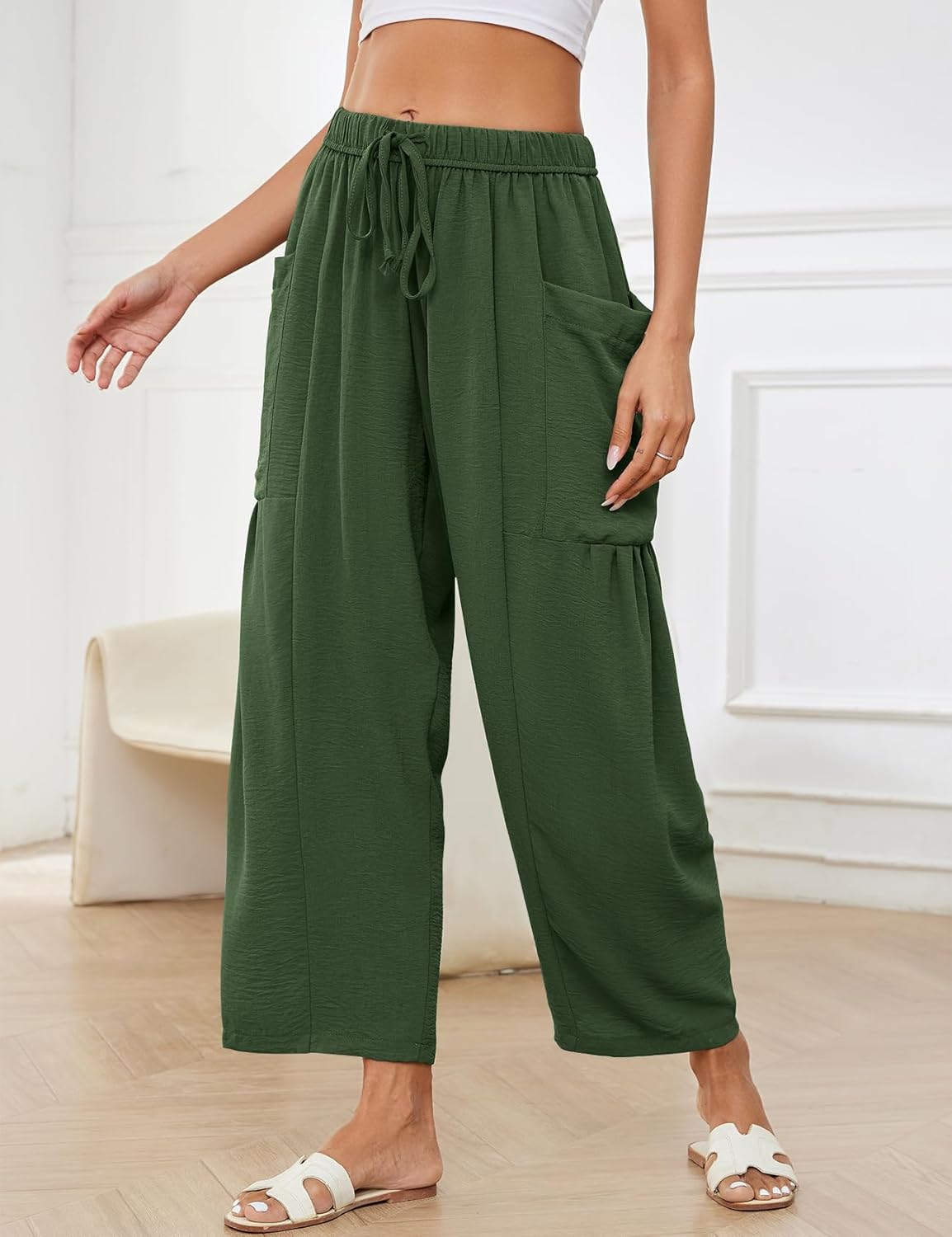 Kissonic Womens Wide Leg Pants Casual Loose Drawstring Flowy Summer Beach Palazzo Harem Pants with Pockets - Image 6