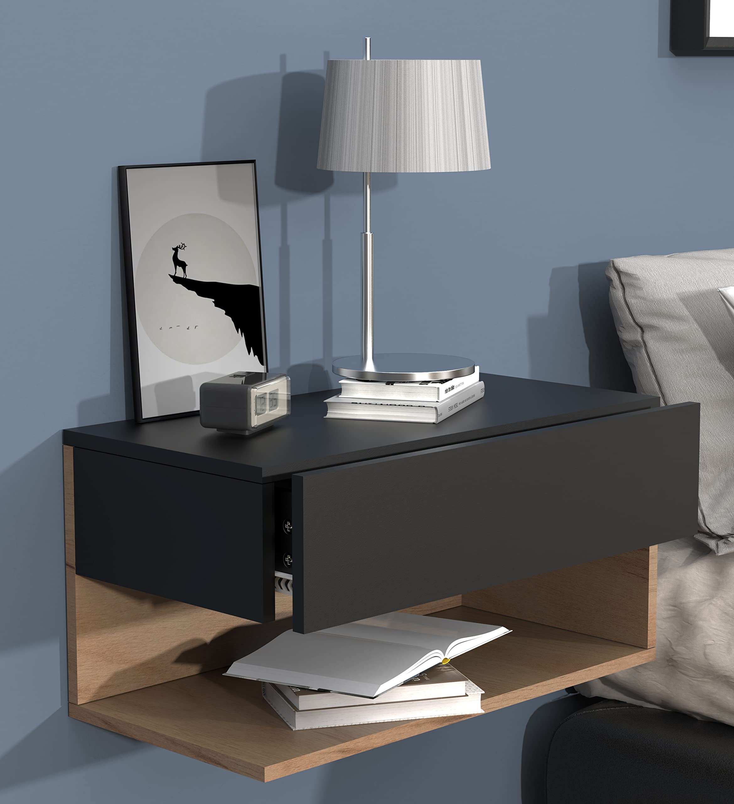 VCM Nachtschrank | Wandschublade | Wandboard | Nachttisch |Maße ca. H. 30 x B. 60 x T. 32 cm - Usal XL 60 cm Schwarz/Honig-Eiche