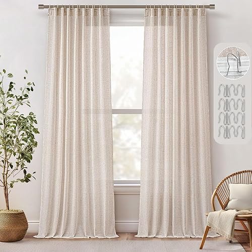 MIULEE Cortinas de lino natural de 84 pulgadas de largo 2 paneles, con pestaña trasera con cinta plisada, cortinas de textura de lino suave y gruesa